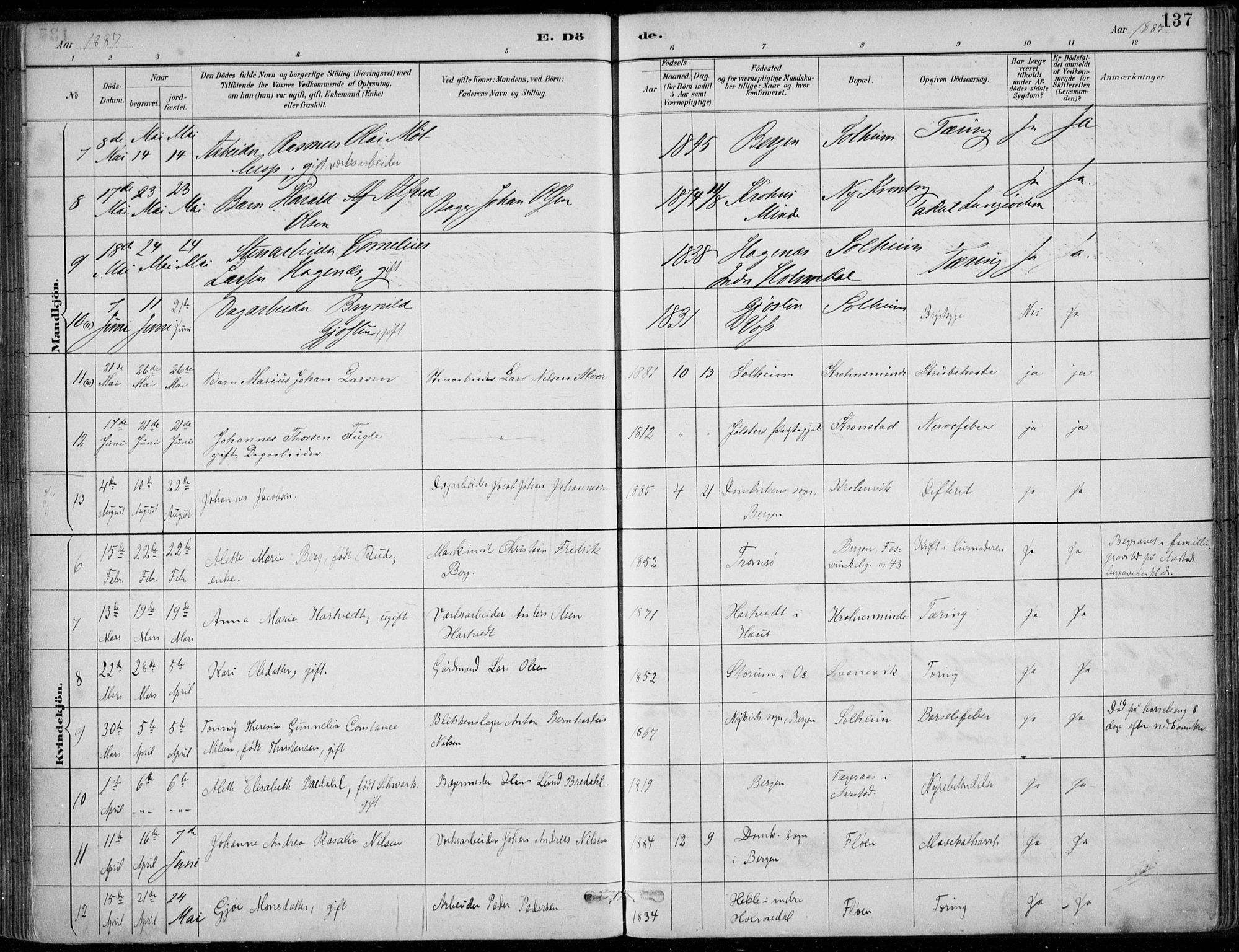 Årstad Sokneprestembete, AV/SAB-A-79301/H/Haa/L0006: Parish register (official) no. B 1, 1886-1901, p. 137