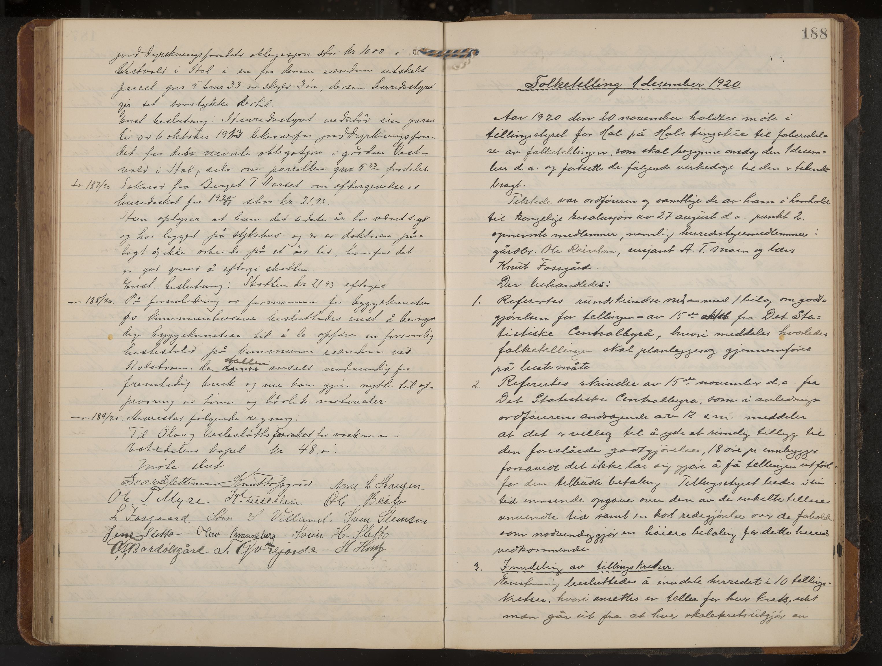Hol formannskap og sentraladministrasjon, IKAK/0620021-1/A/L0006: Møtebok, 1916-1922, p. 188