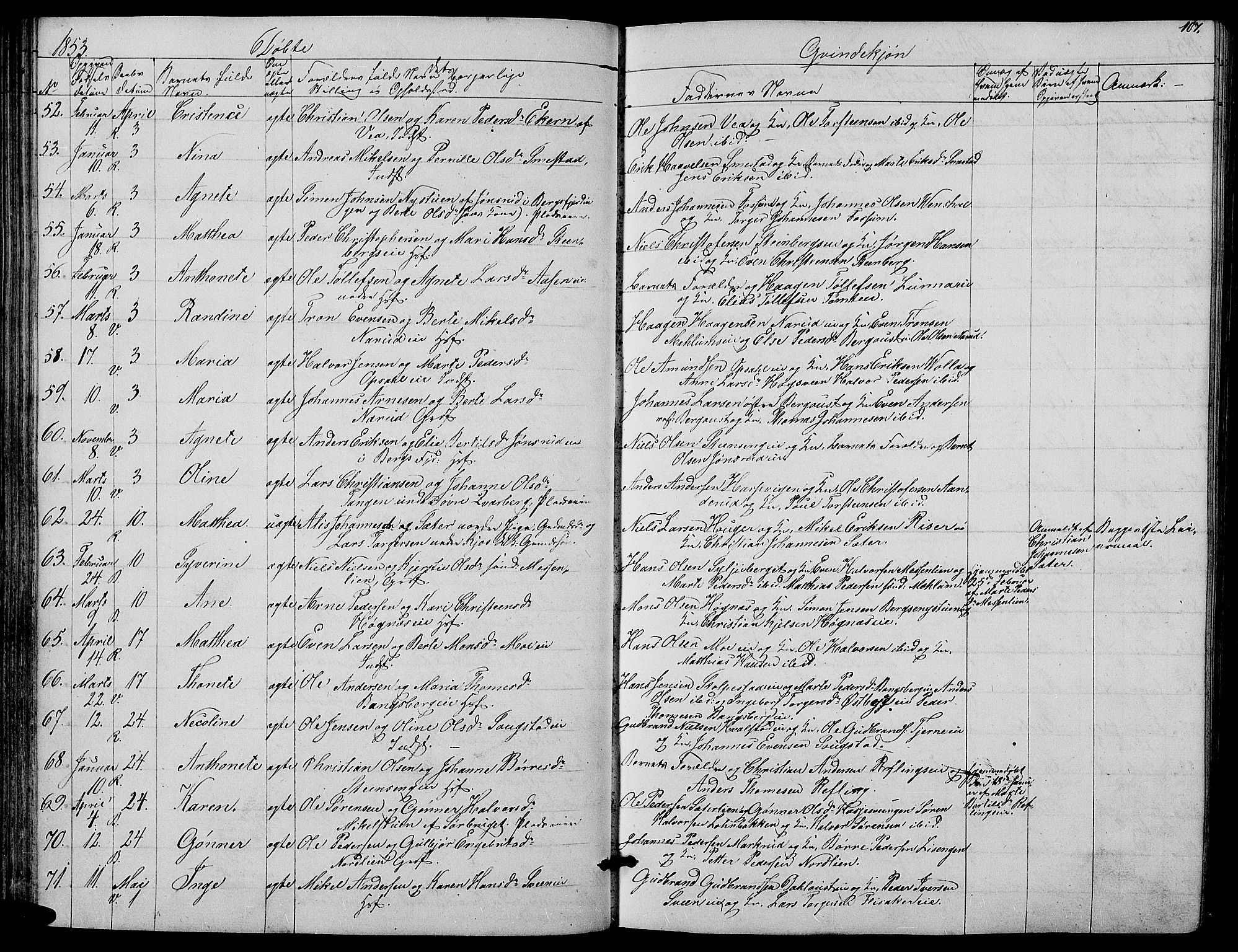 Ringsaker prestekontor, AV/SAH-PREST-014/L/La/L0006: Parish register (copy) no. 6, 1851-1860, p. 107