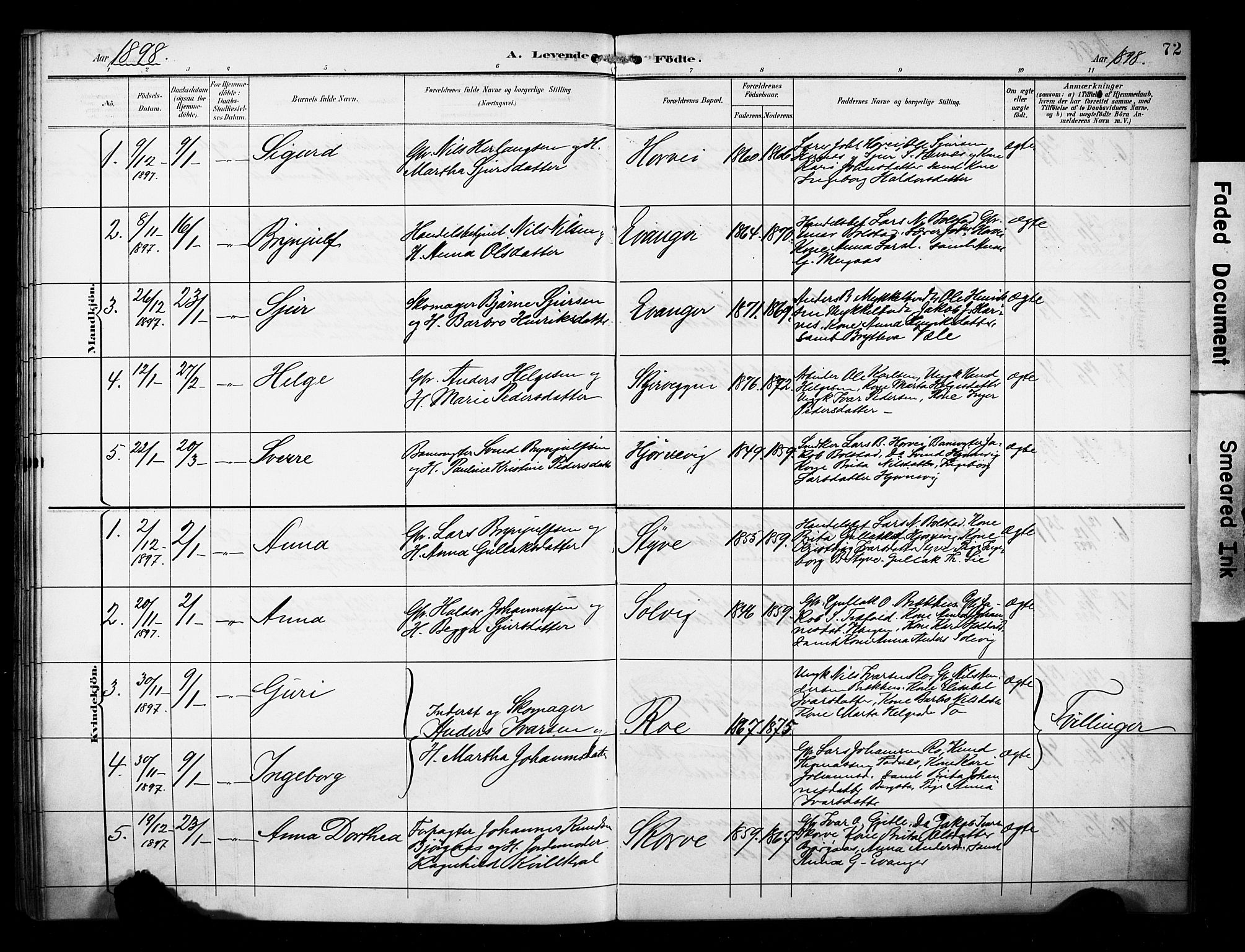 Evanger sokneprestembete, SAB/A-99924: Parish register (official) no. A 2, 1892-1899, p. 72