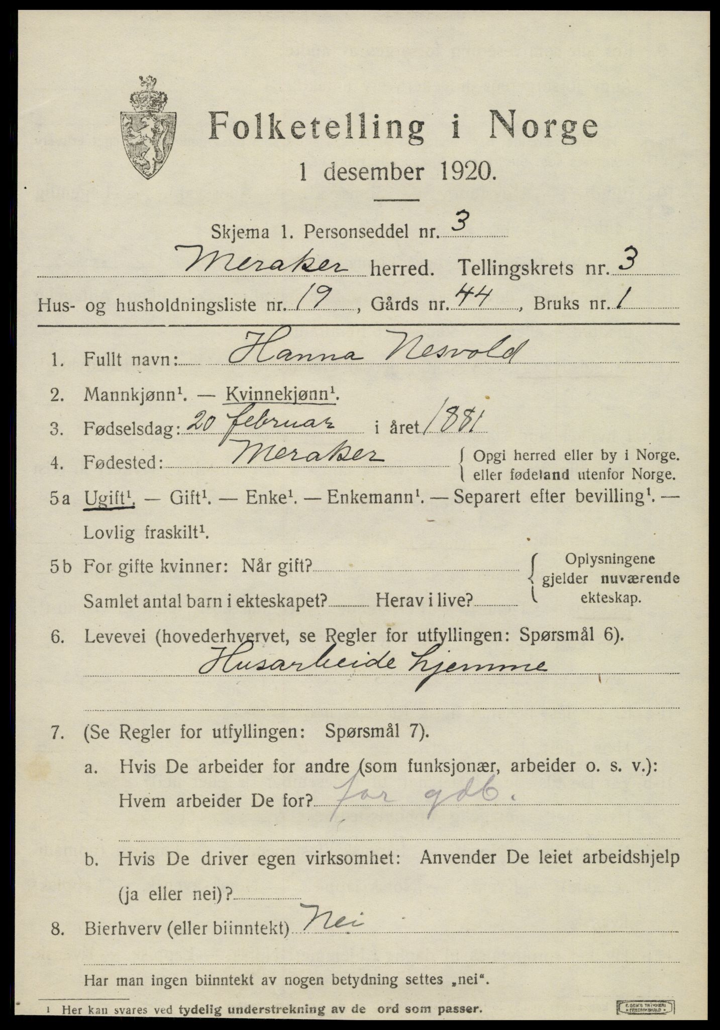 SAT, 1920 census for Meråker, 1920, p. 3364