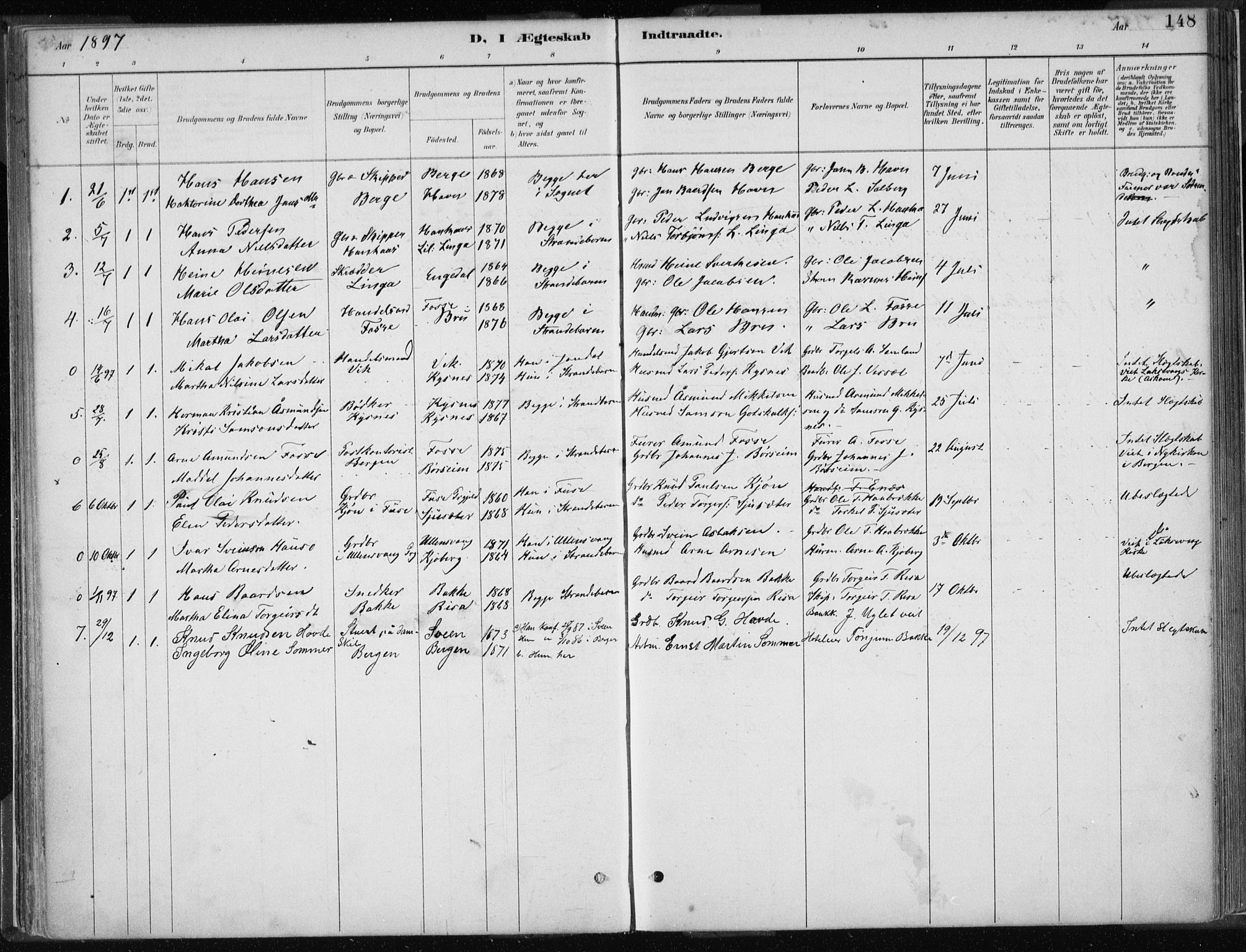 Strandebarm sokneprestembete, AV/SAB-A-78401/H/Haa: Parish register (official) no. B  1, 1886-1908, p. 148