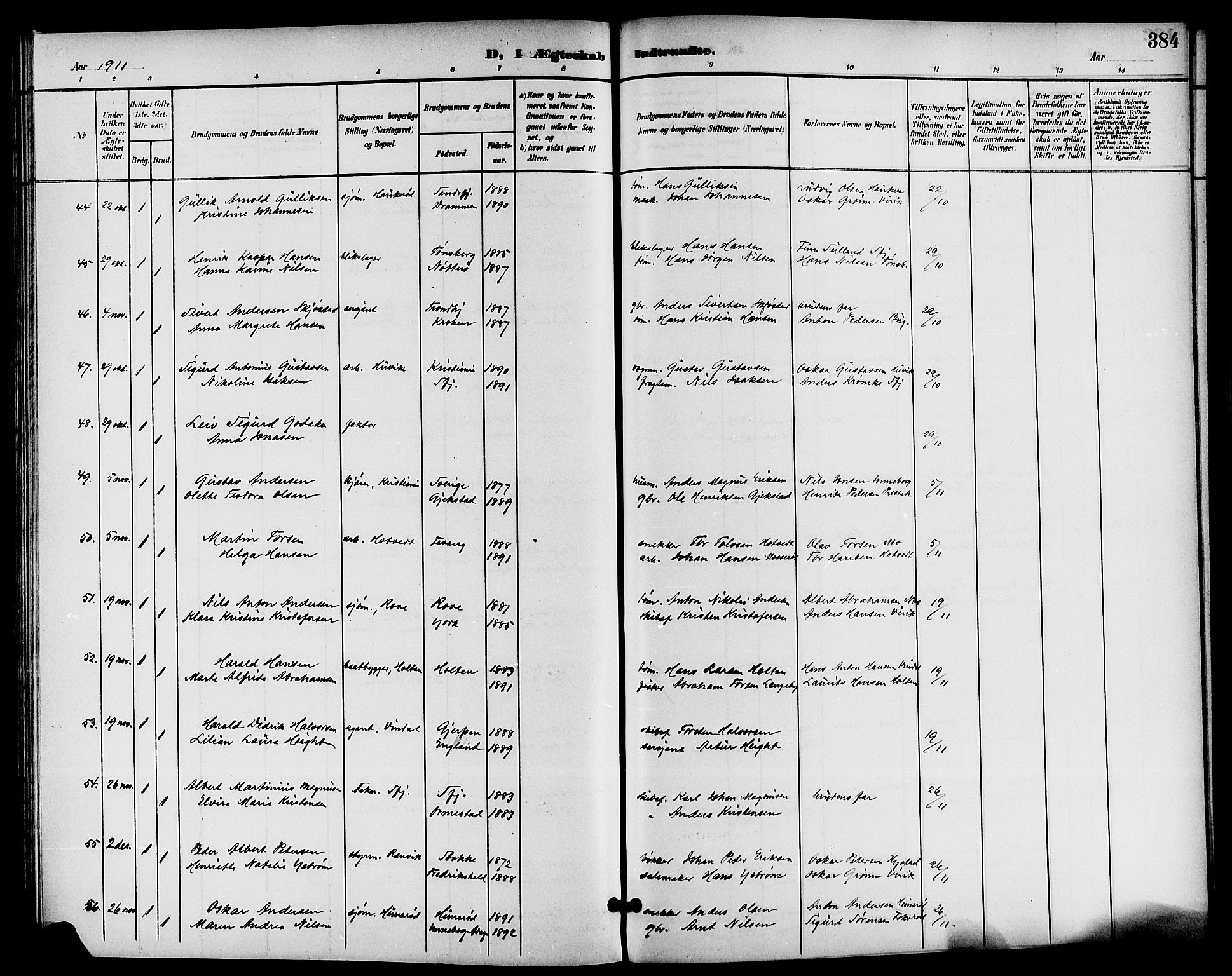 Sandar kirkebøker, AV/SAKO-A-243/G/Ga/L0002: Parish register (copy) no. 2, 1900-1915, p. 384