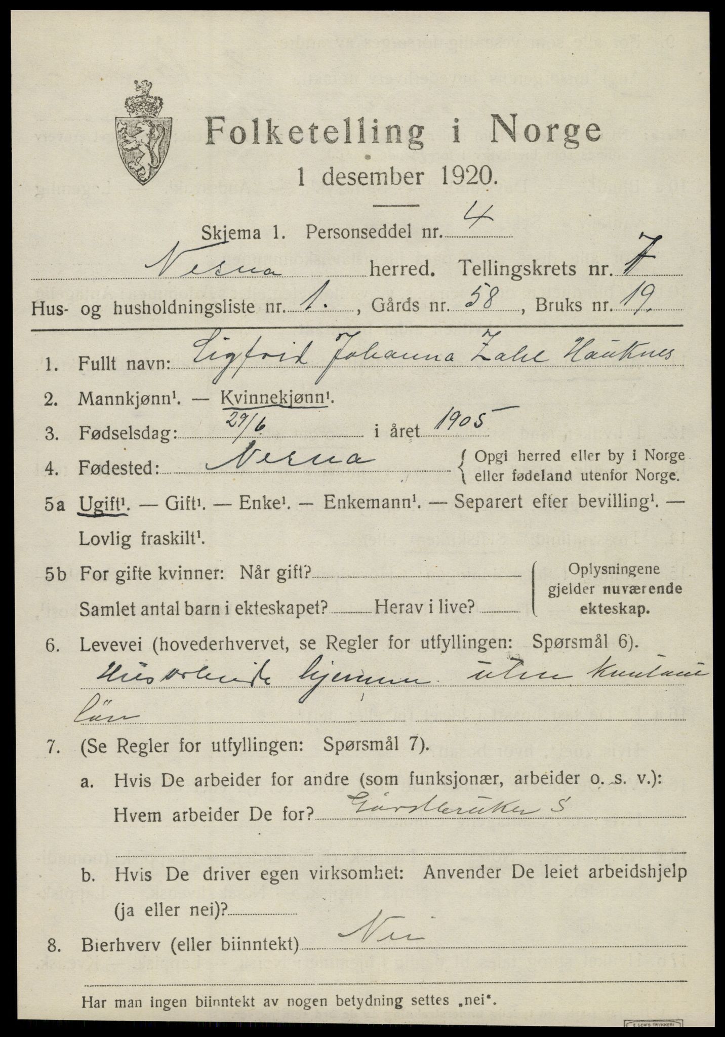 SAT, 1920 census for Nesna, 1920, p. 5201