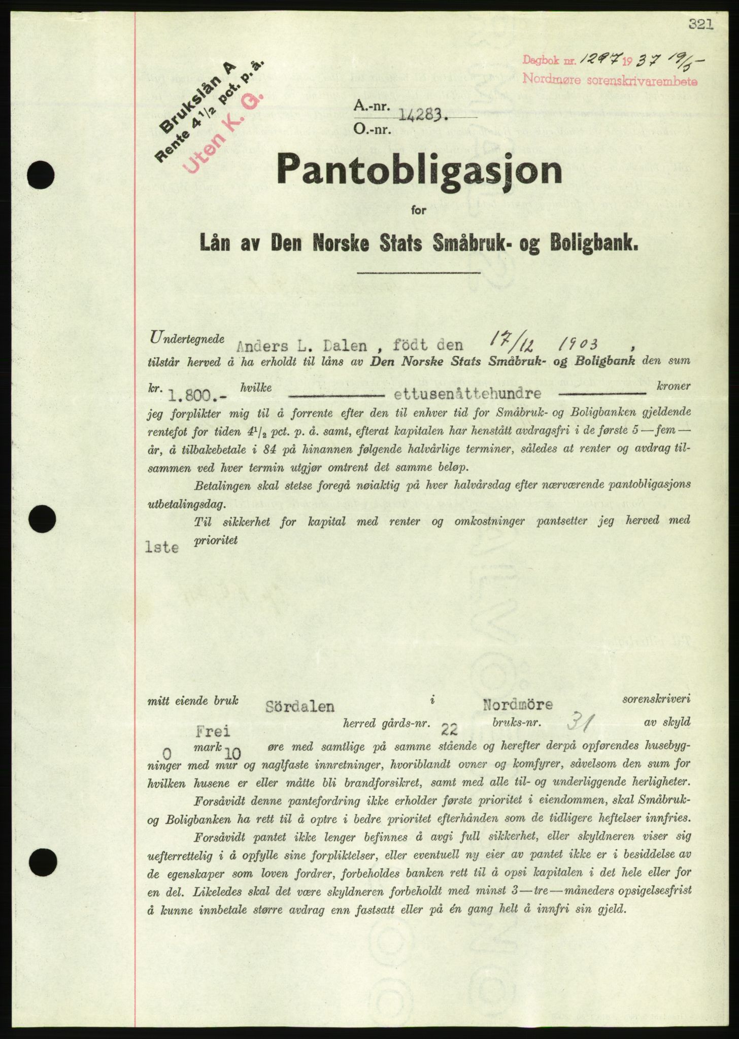 Nordmøre sorenskriveri, AV/SAT-A-4132/1/2/2Ca/L0091: Mortgage book no. B81, 1937-1937, Diary no: : 1297/1937