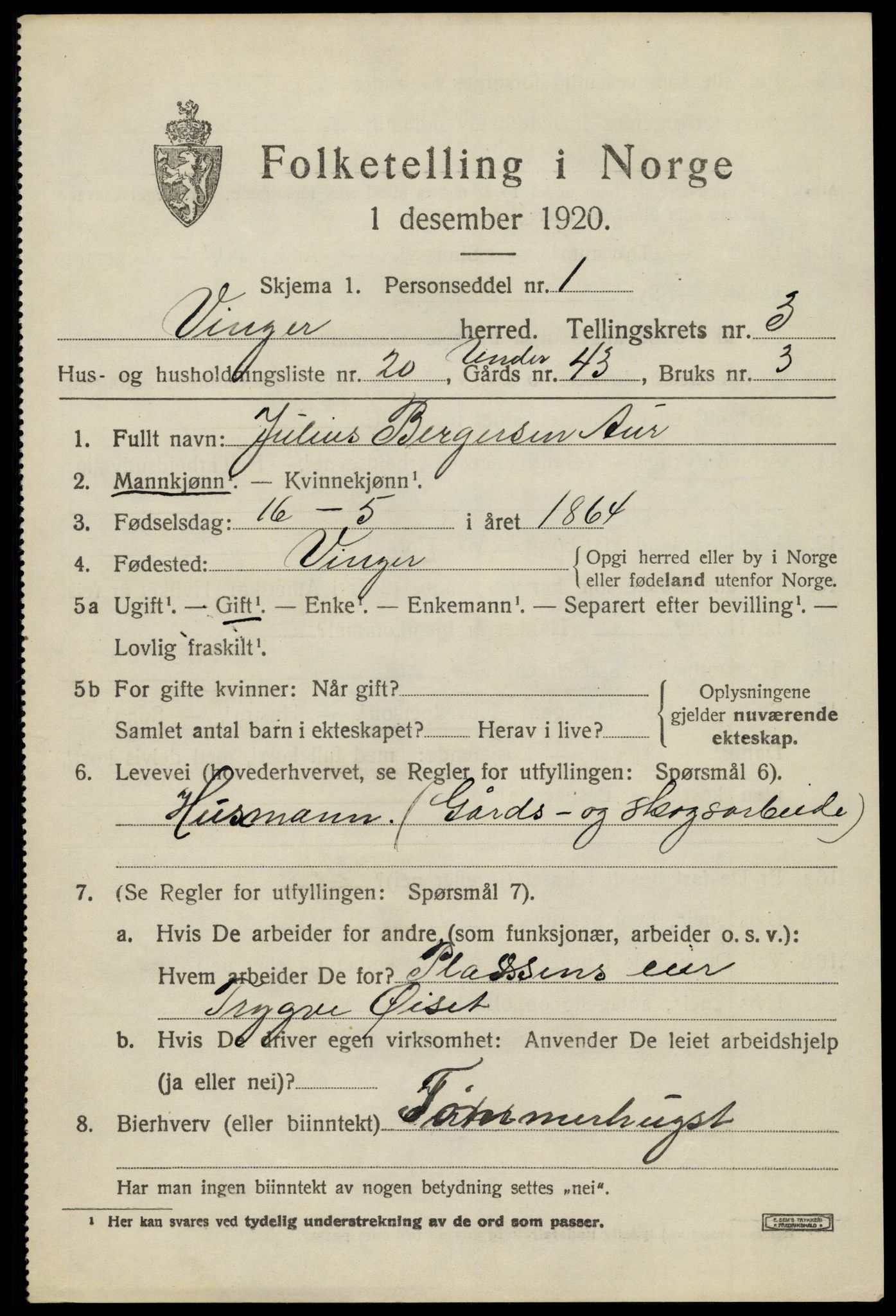 SAH, 1920 census for Vinger, 1920, p. 4798