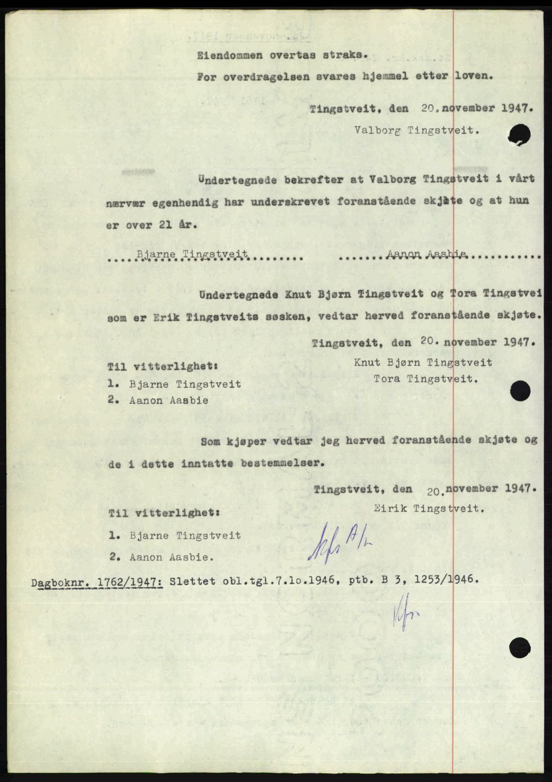 Nedenes sorenskriveri, AV/SAK-1221-0006/G/Gb/Gba/L0058: Mortgage book no. A10, 1947-1948, Diary no: : 1761/1947