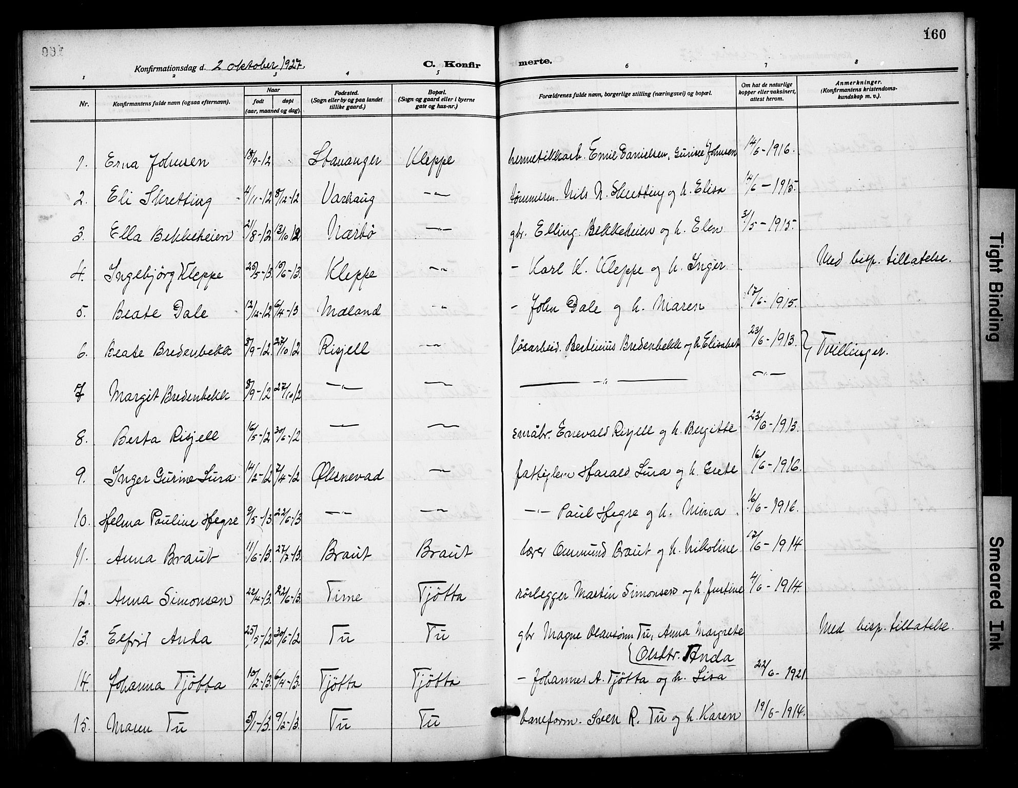 Klepp sokneprestkontor, SAST/A-101803/001/3/30BB/L0007: Parish register (copy) no. B 7, 1908-1934, p. 160