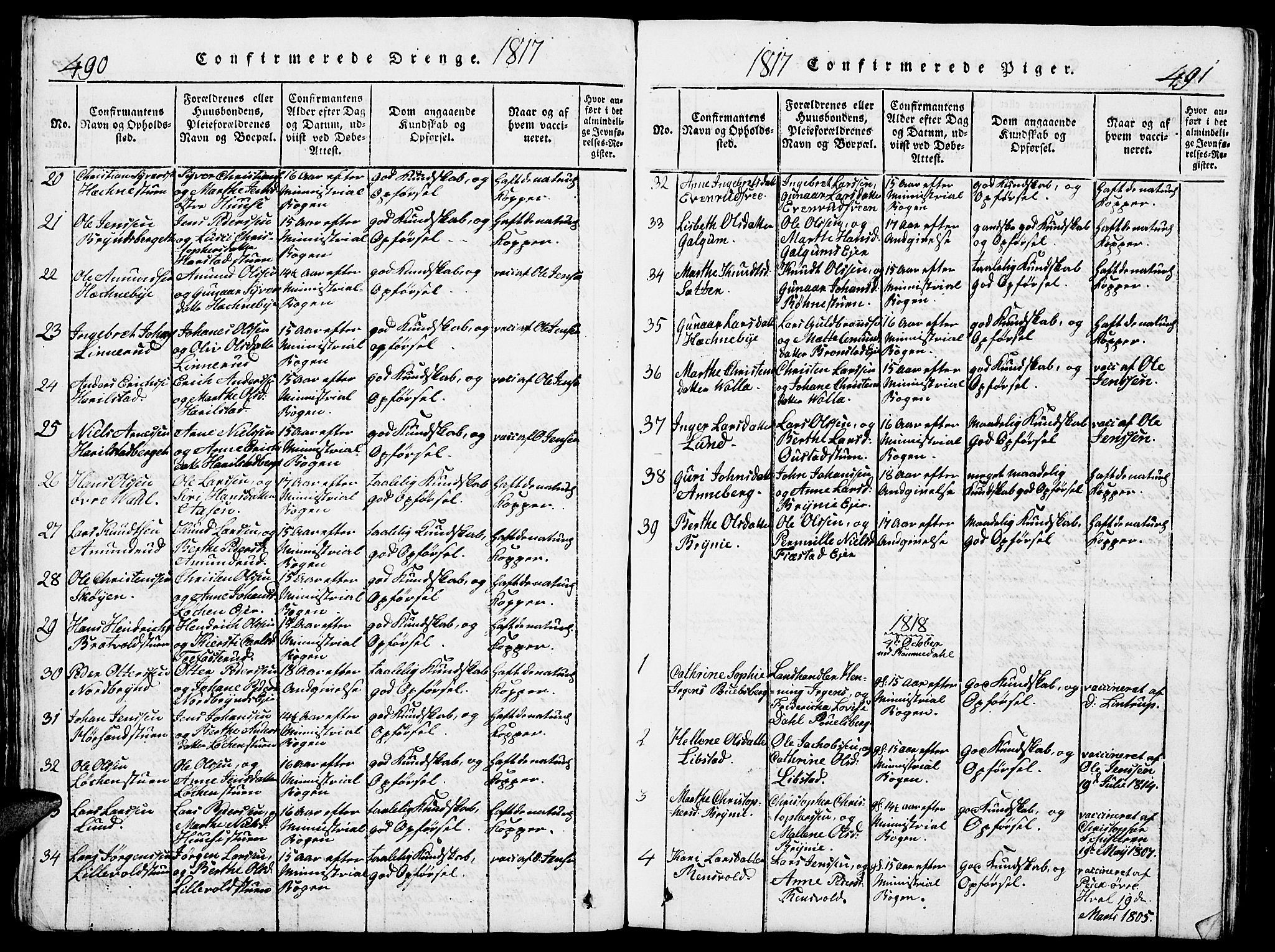 Romedal prestekontor, AV/SAH-PREST-004/L/L0005: Parish register (copy) no. 5, 1814-1829, p. 490-491