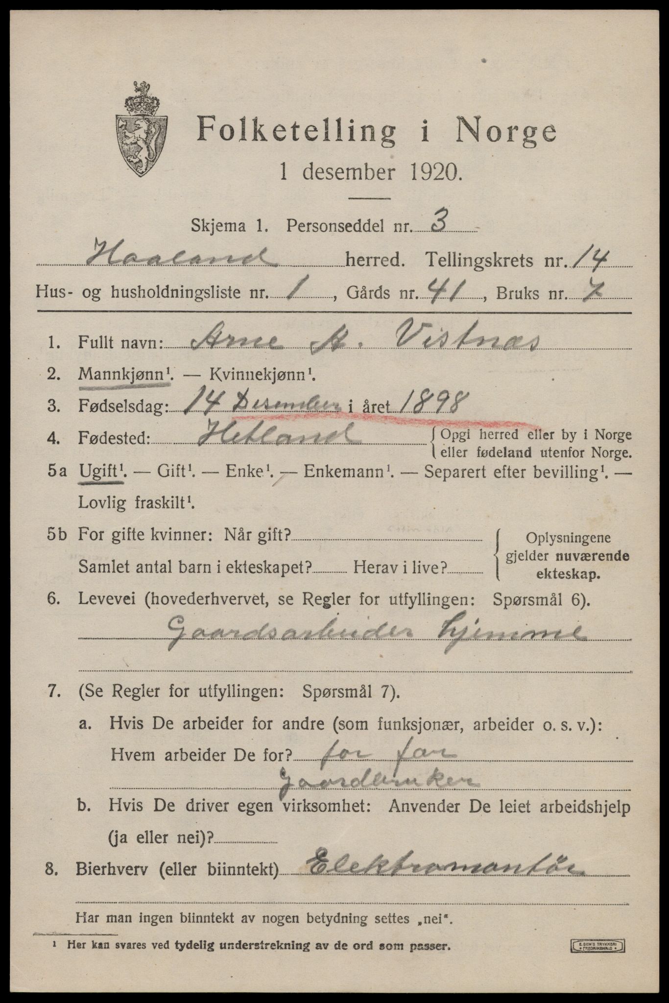 SAST, 1920 census for Håland, 1920, p. 9973