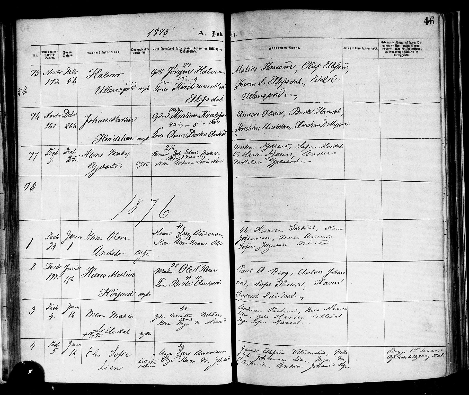 Andebu kirkebøker, SAKO/A-336/F/Fa/L0006: Parish register (official) no. 6, 1871-1878, p. 46