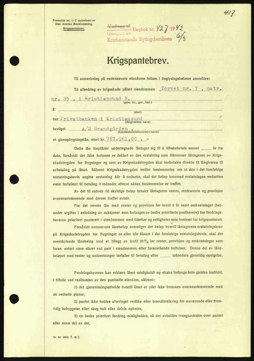 Kristiansund byfogd, AV/SAT-A-4587/A/27: Mortgage book no. 35, 1941-1942, Diary no: : 427/1942
