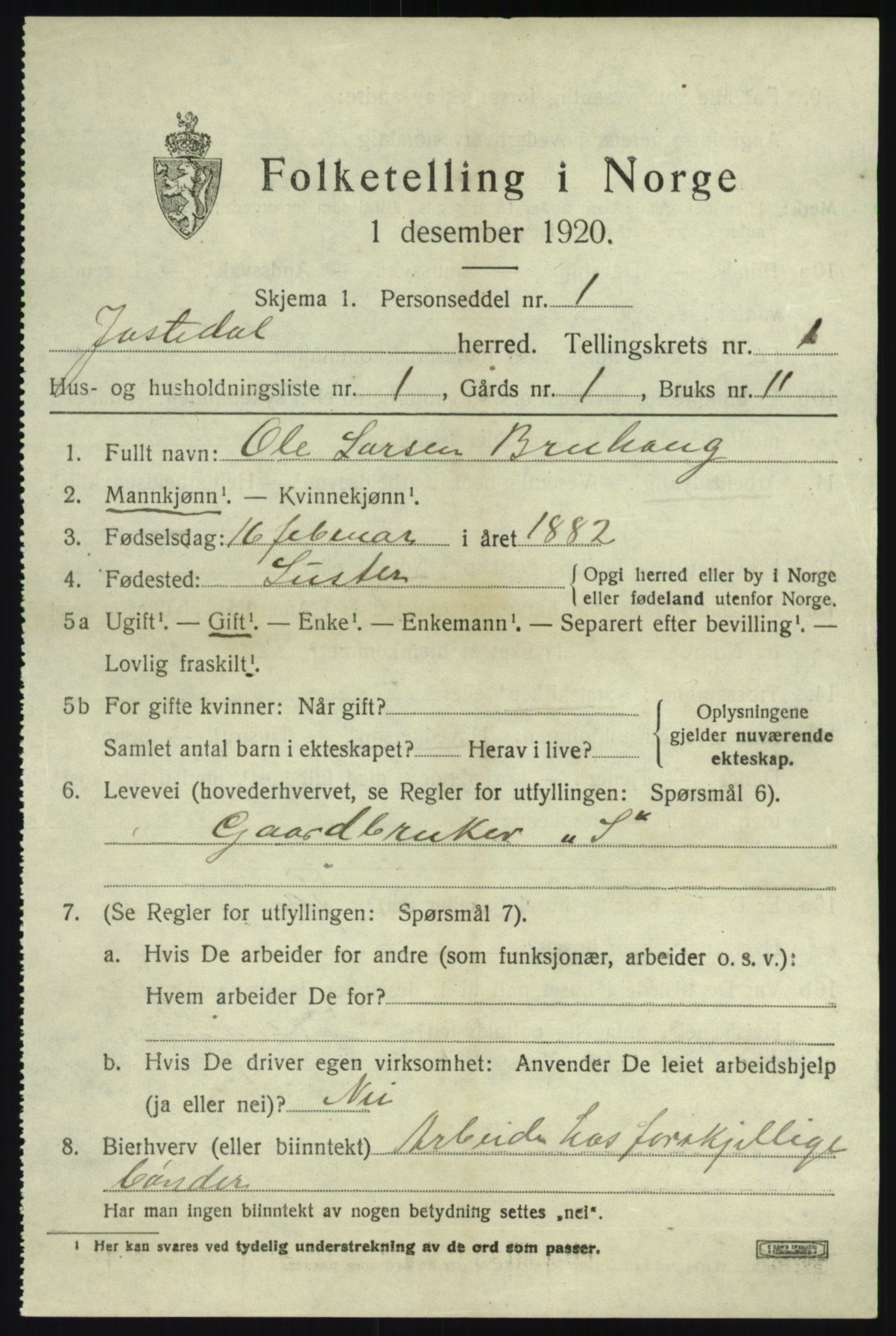 SAB, 1920 census for Jostedal, 1920, p. 308