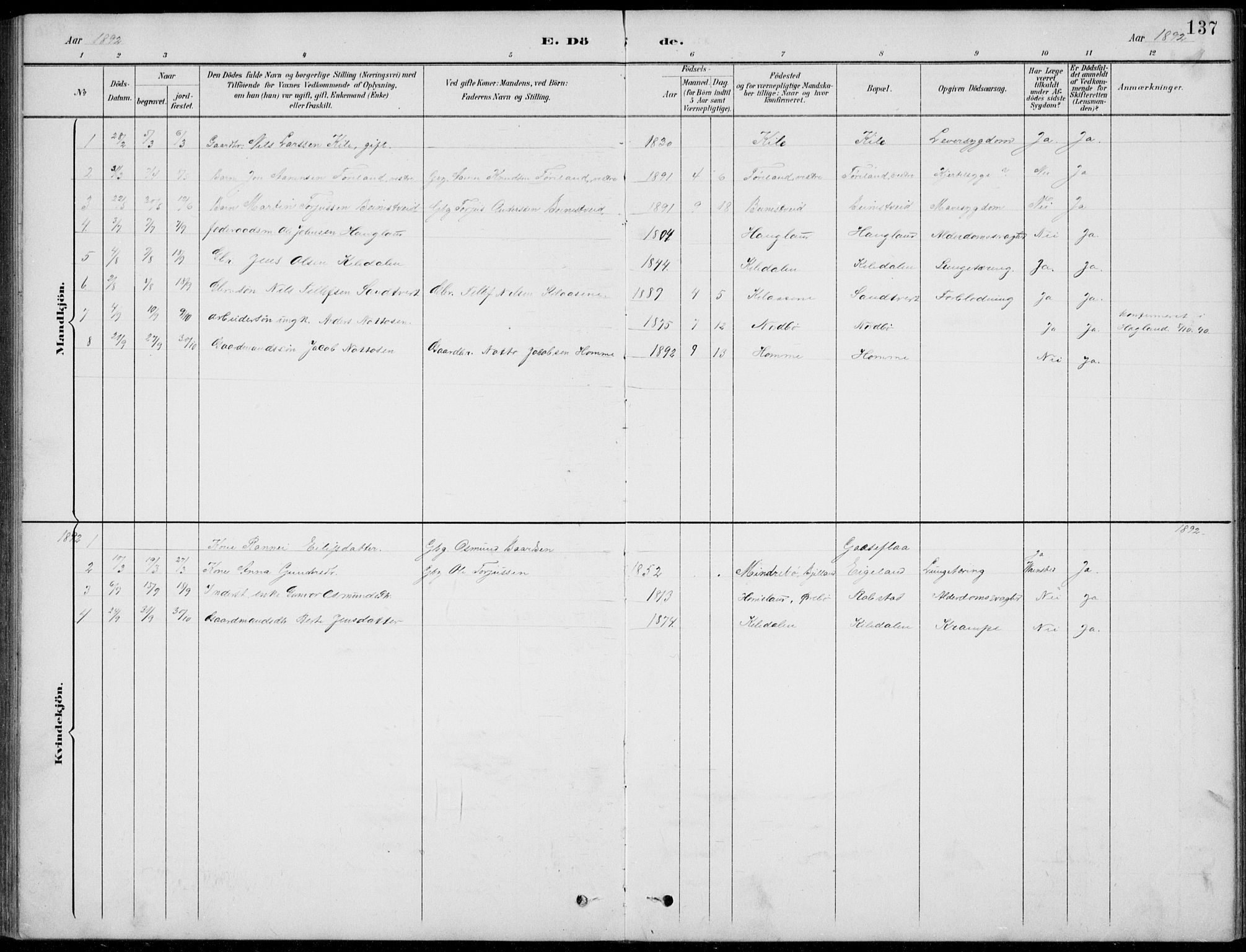 Vennesla sokneprestkontor, AV/SAK-1111-0045/Fb/Fba/L0003: Parish register (copy) no. B 3, 1890-1919, p. 137