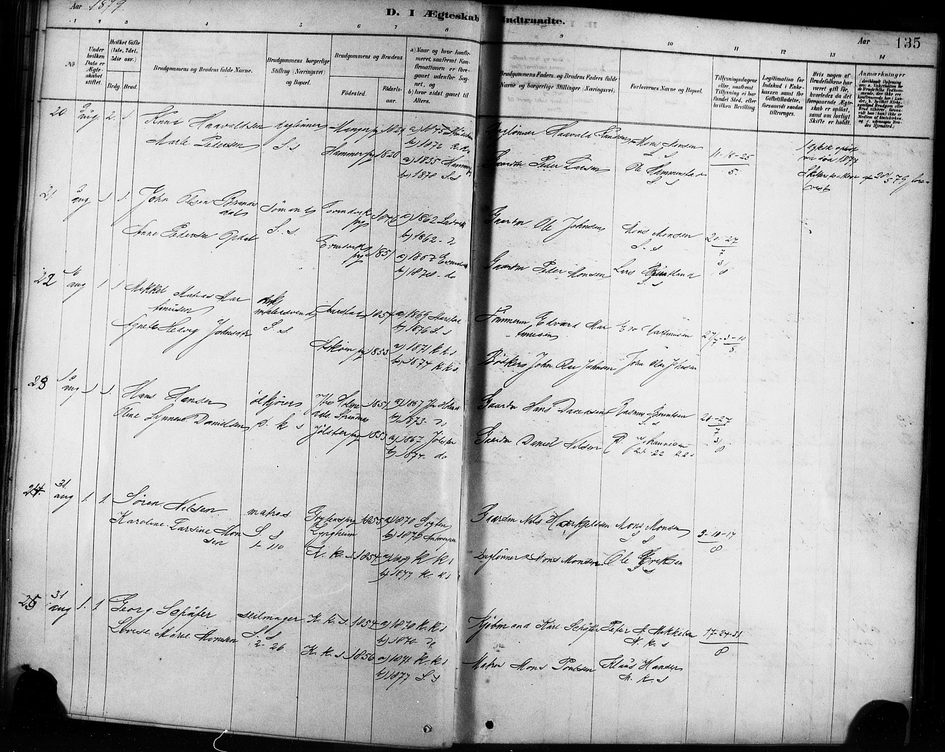 Sandviken Sokneprestembete, AV/SAB-A-77601/H/Ha/L0002: Parish register (official) no. A 2, 1878-1896, p. 135