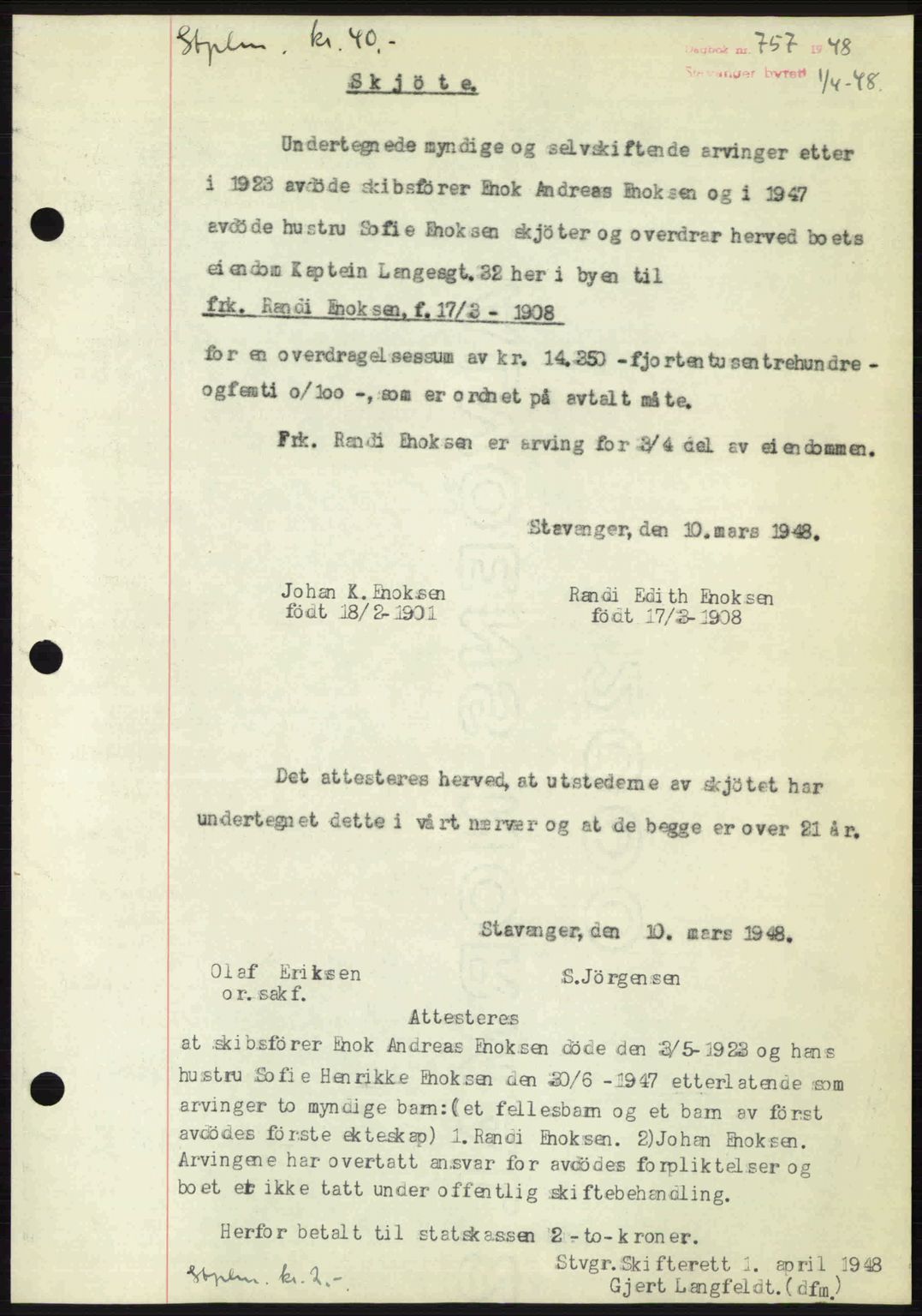 Stavanger byrett, SAST/A-100455/002/G/Gb/L0022: Mortgage book no. A11, 1947-1948, Diary no: : 757/1948