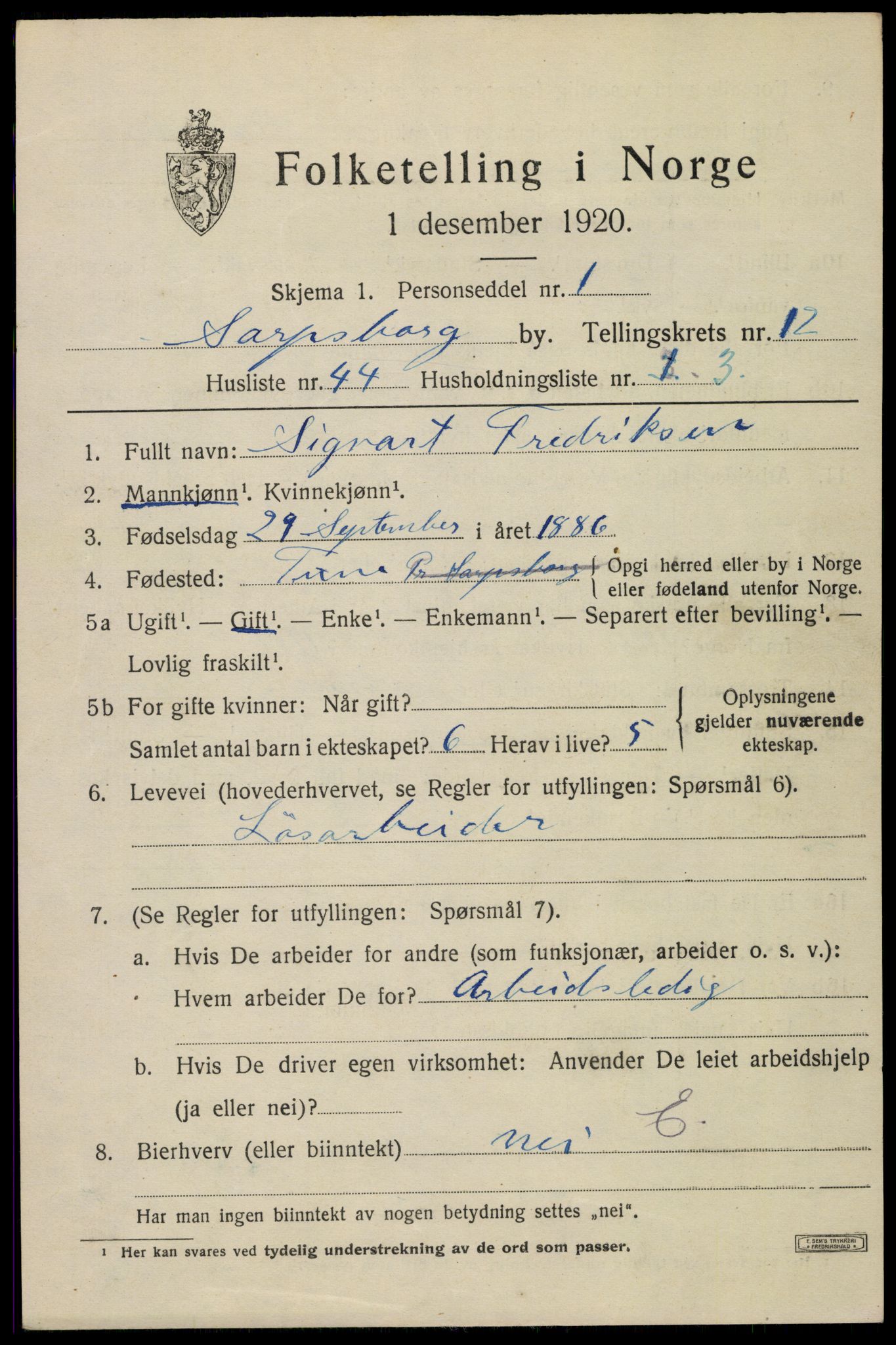 SAO, 1920 census for Sarpsborg, 1920, p. 26052