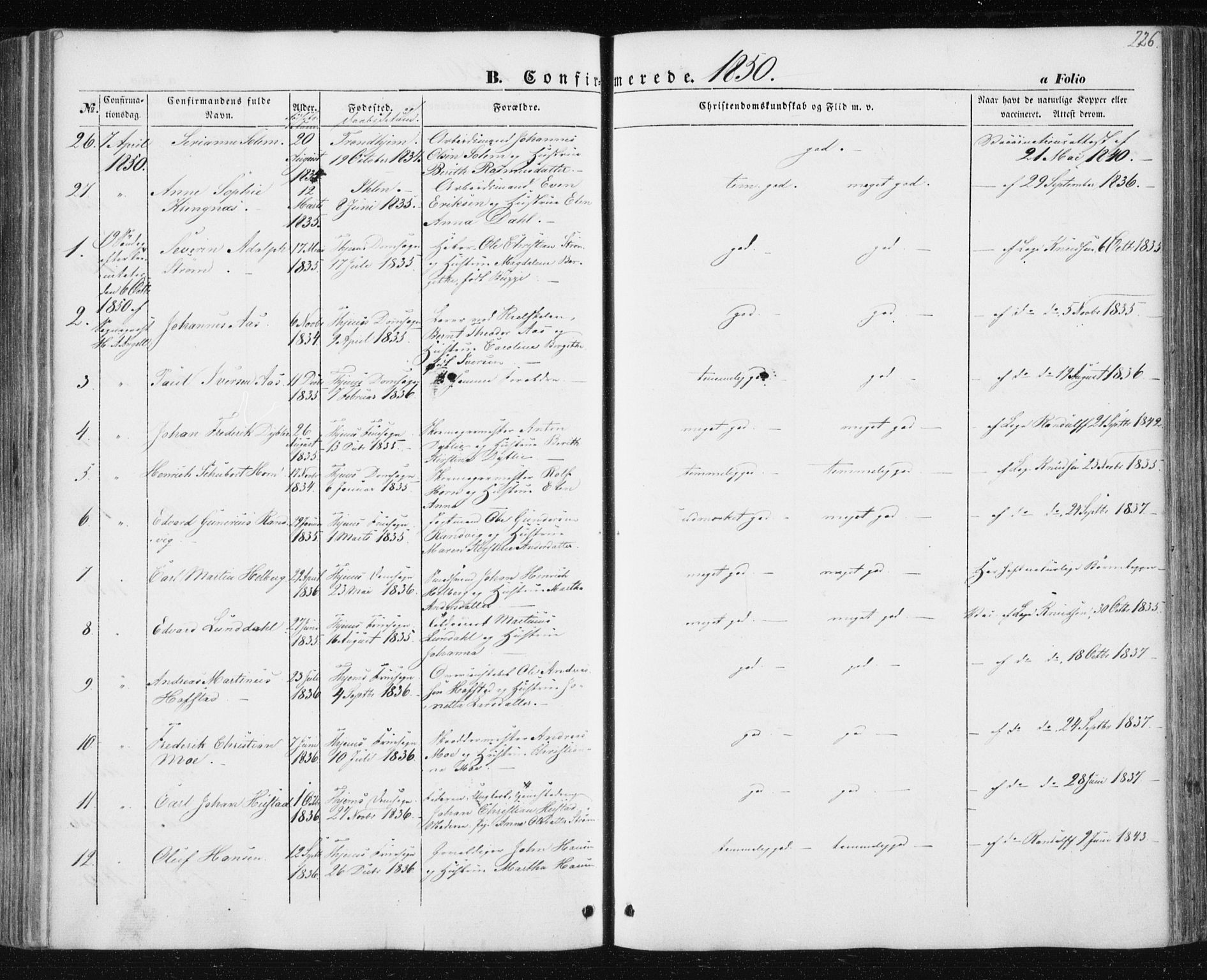 Ministerialprotokoller, klokkerbøker og fødselsregistre - Sør-Trøndelag, AV/SAT-A-1456/602/L0112: Parish register (official) no. 602A10, 1848-1859, p. 226