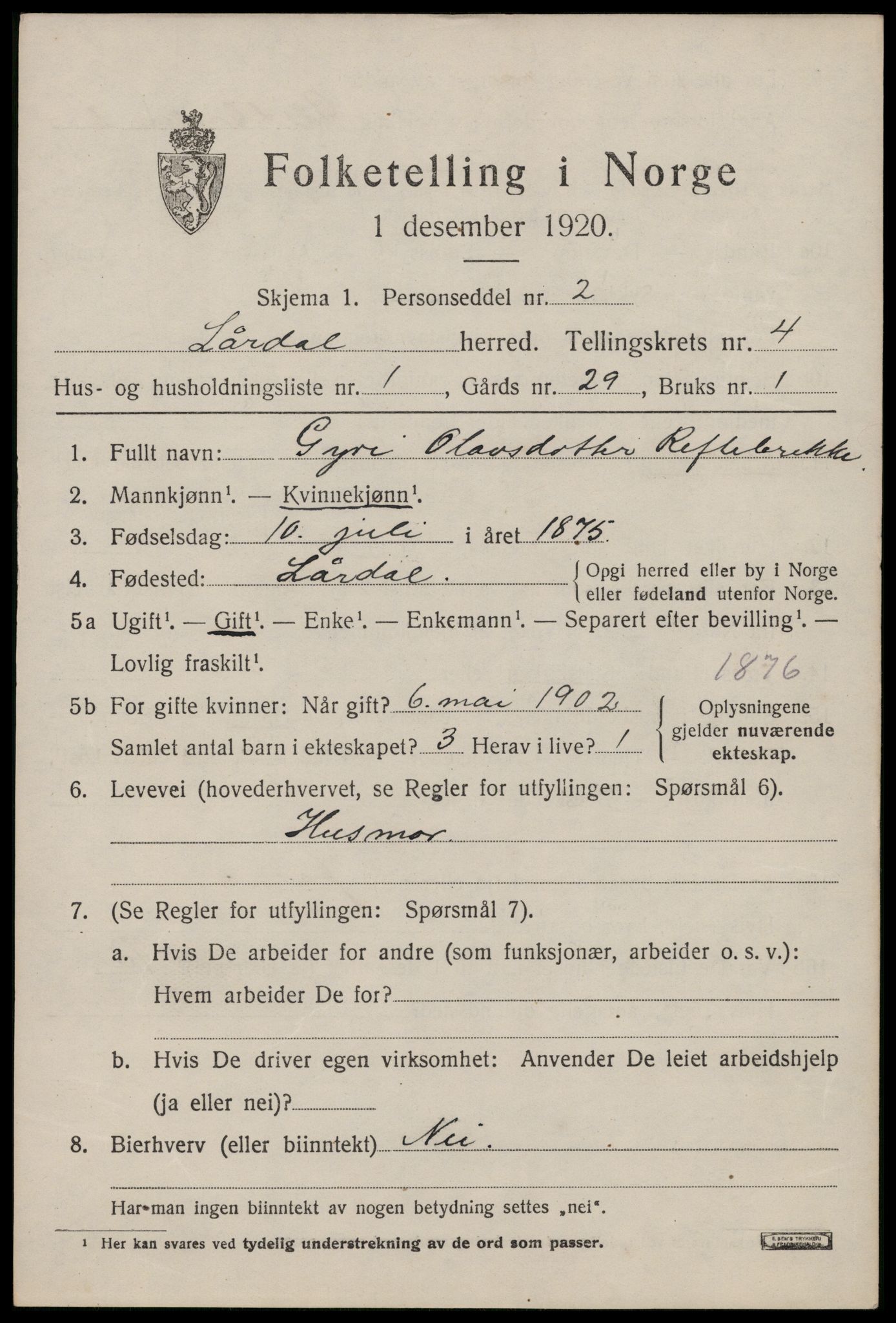 SAKO, 1920 census for Lårdal, 1920, p. 2143