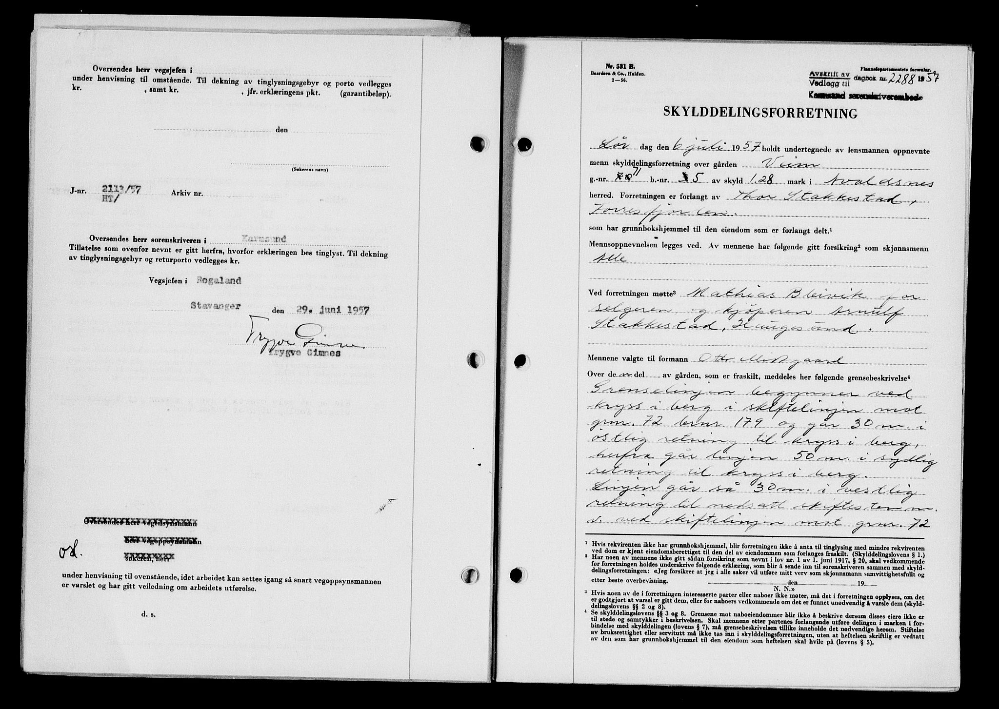 Karmsund sorenskriveri, AV/SAST-A-100311/01/II/IIB/L0125: Mortgage book no. 105A, 1957-1957, Diary no: : 2288/1957