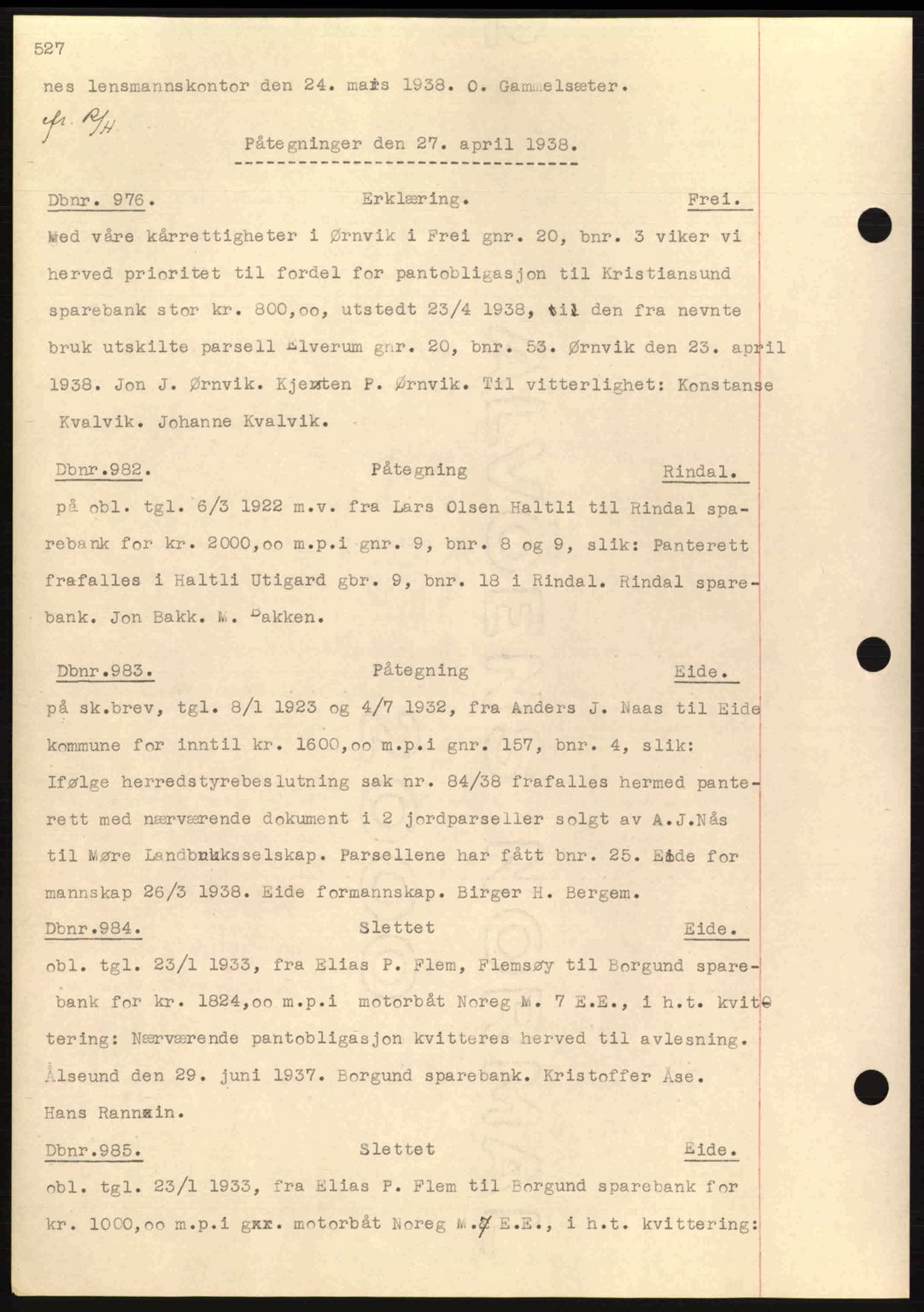 Nordmøre sorenskriveri, AV/SAT-A-4132/1/2/2Ca: Mortgage book no. C80, 1936-1939, Diary no: : 976/1938