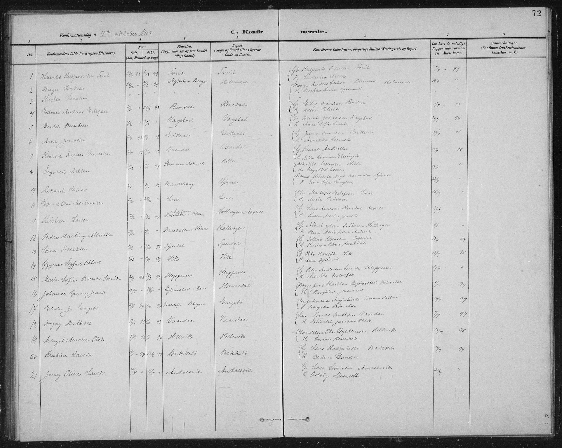 Fjaler sokneprestembete, AV/SAB-A-79801/H/Hab/Habb/L0002: Parish register (copy) no. B 2, 1895-1915, p. 72