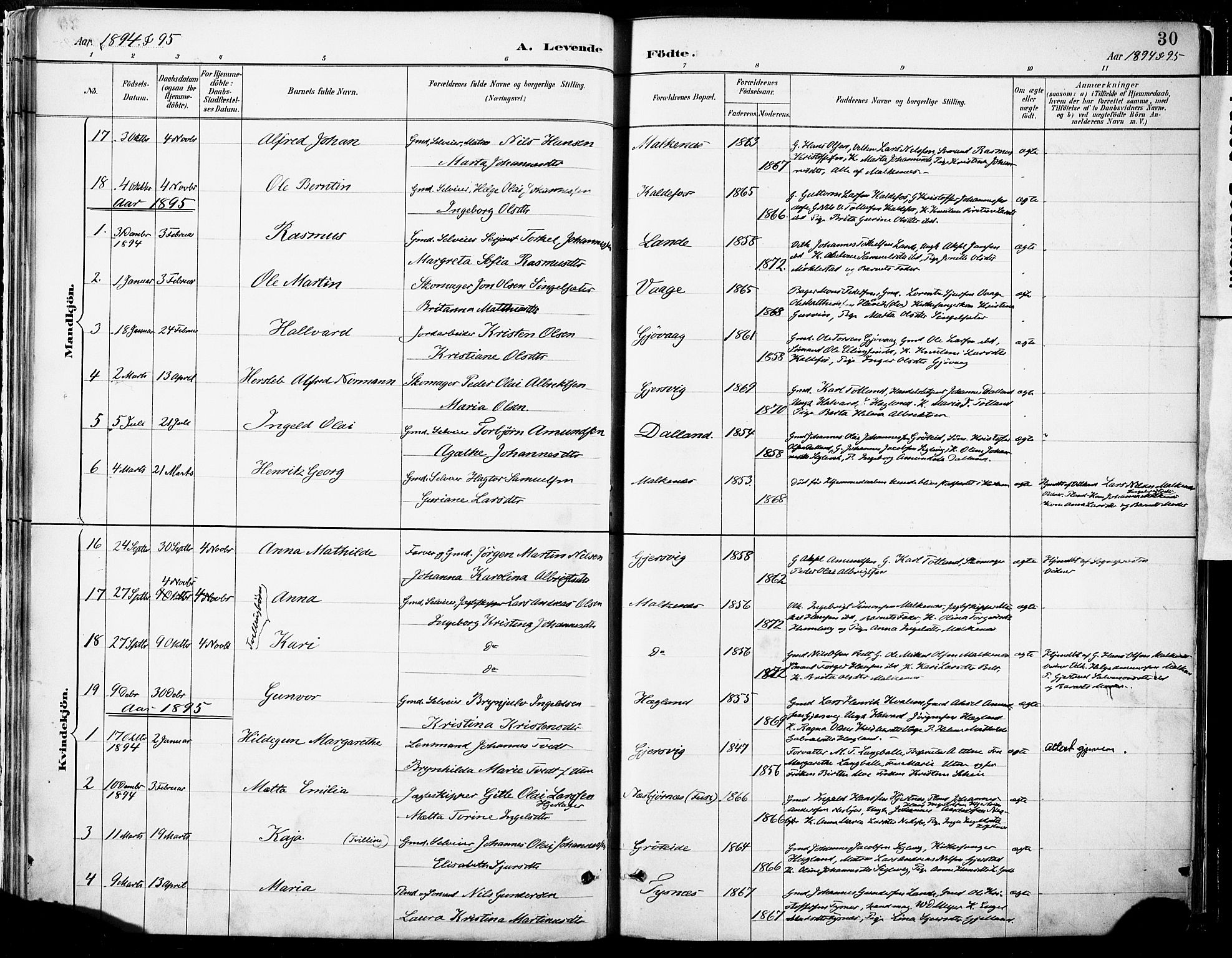 Tysnes sokneprestembete, SAB/A-78601/H/Haa: Parish register (official) no. B 1, 1887-1906, p. 30