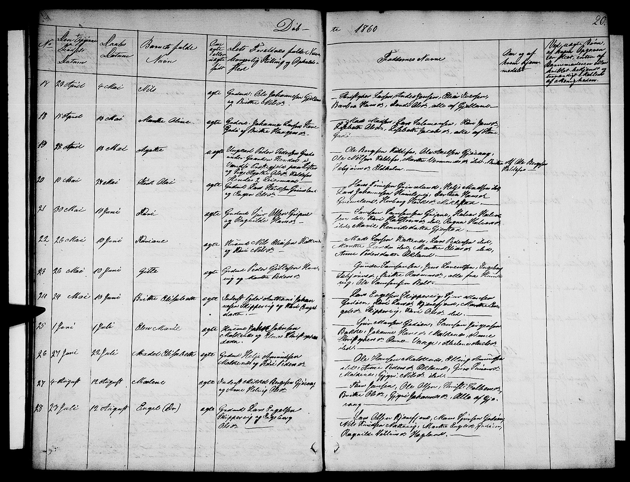 Tysnes sokneprestembete, SAB/A-78601/H/Hab: Parish register (copy) no. B 1, 1855-1877, p. 20