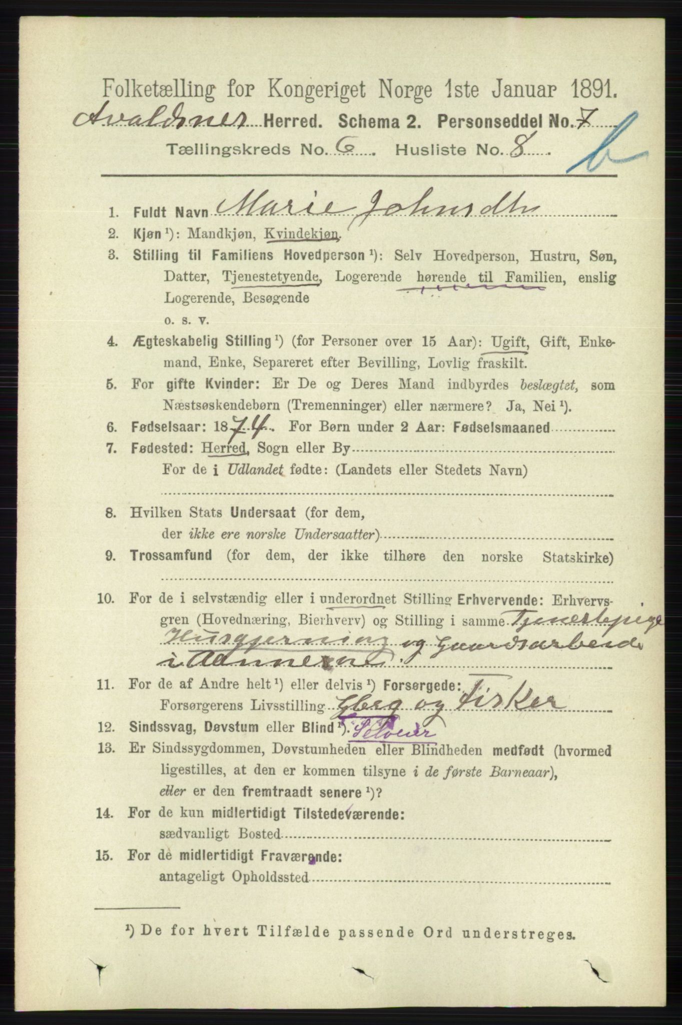 RA, 1891 census for 1147 Avaldsnes, 1891, p. 3280