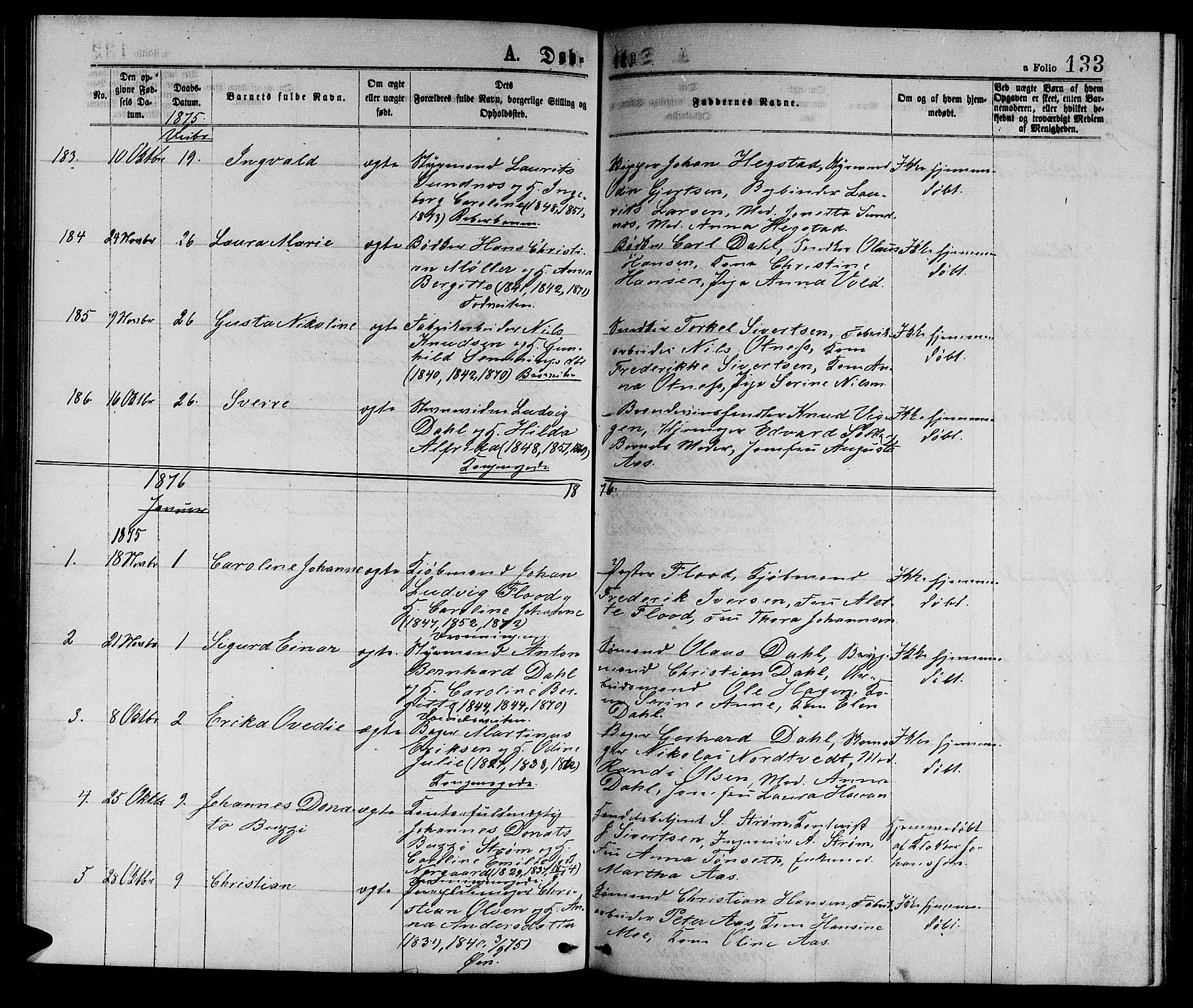 Ministerialprotokoller, klokkerbøker og fødselsregistre - Sør-Trøndelag, SAT/A-1456/601/L0088: Parish register (copy) no. 601C06, 1870-1878, p. 133