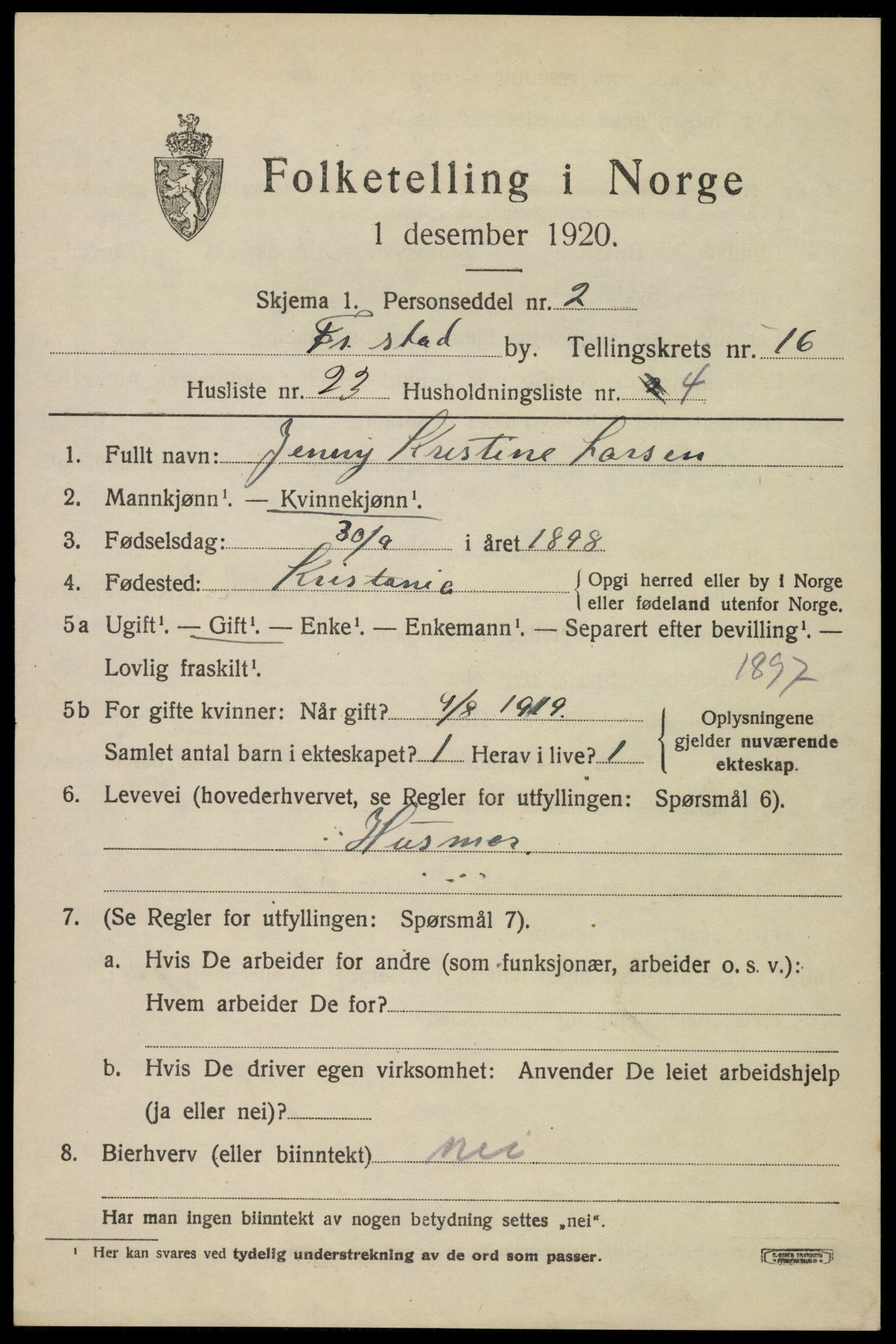 SAO, 1920 census for Fredrikstad, 1920, p. 37459