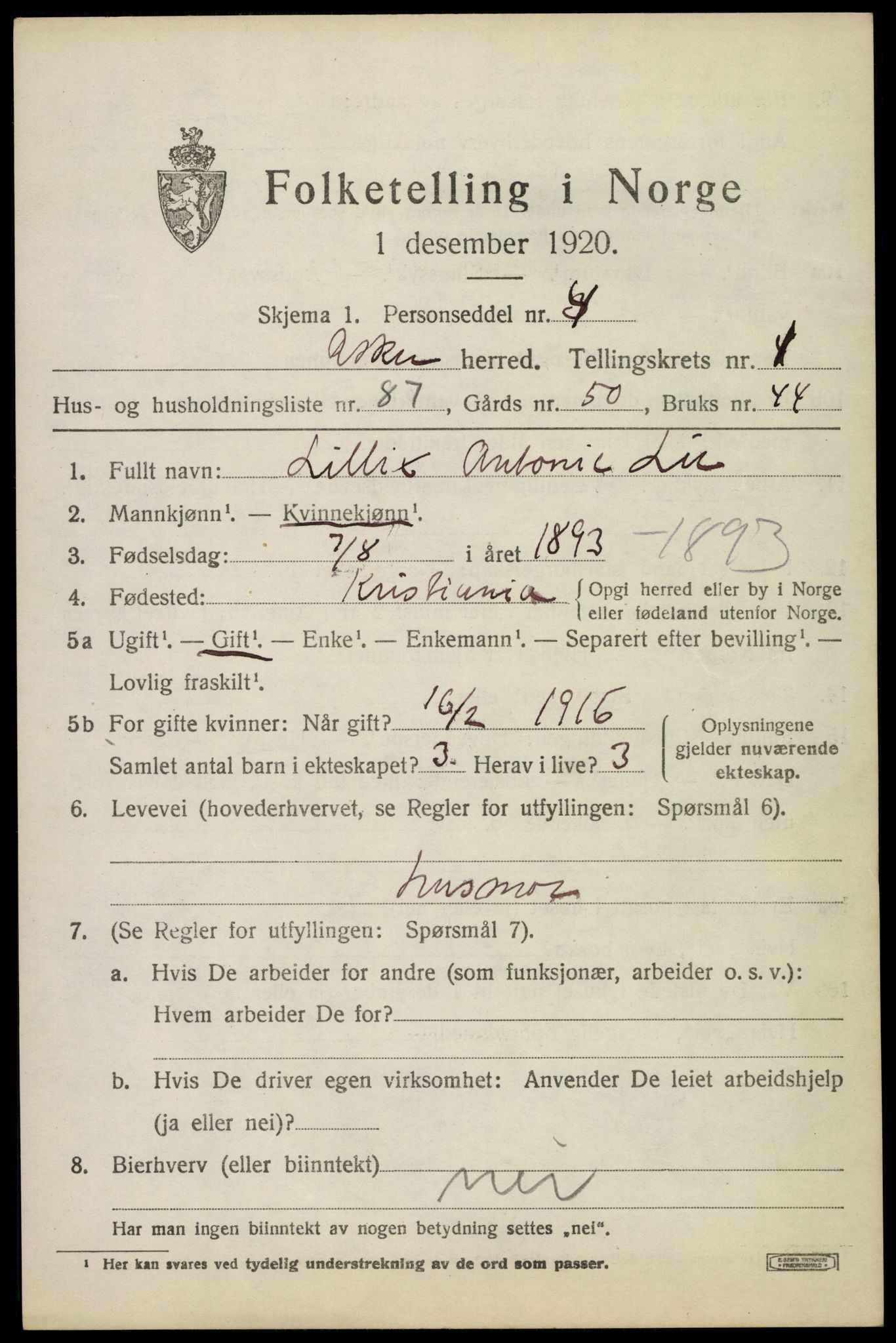 SAO, 1920 census for Asker, 1920, p. 3624