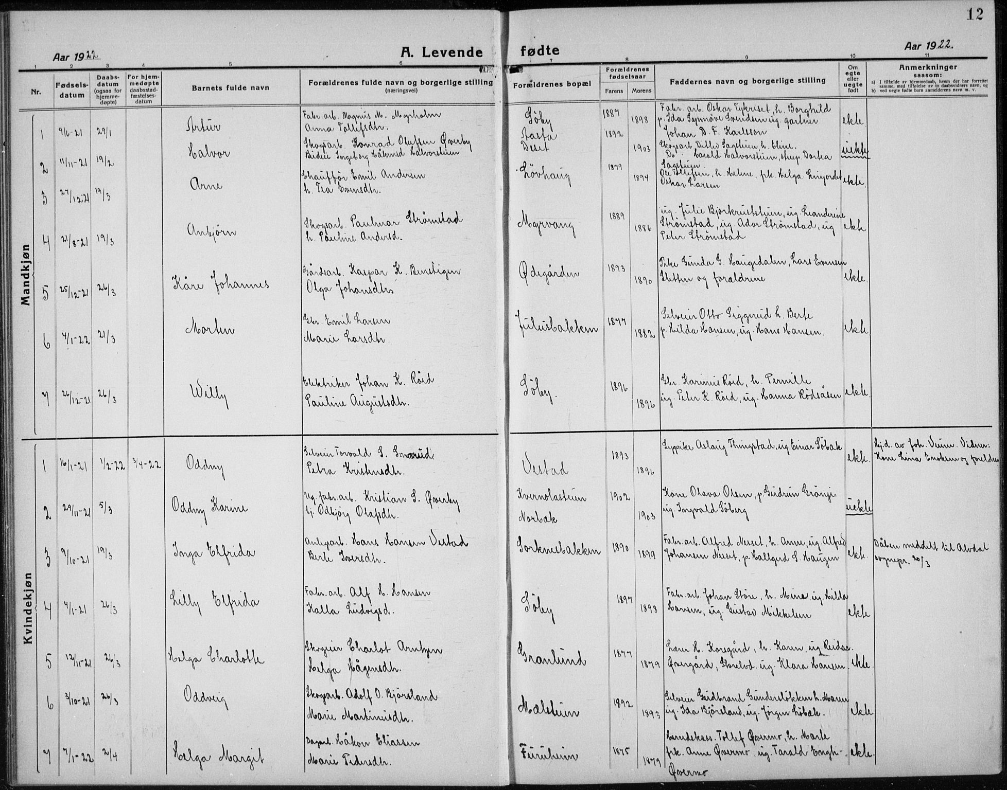 Åmot prestekontor, Hedmark, AV/SAH-PREST-056/H/Ha/Hab/L0005: Parish register (copy) no. 5, 1921-1934, p. 12