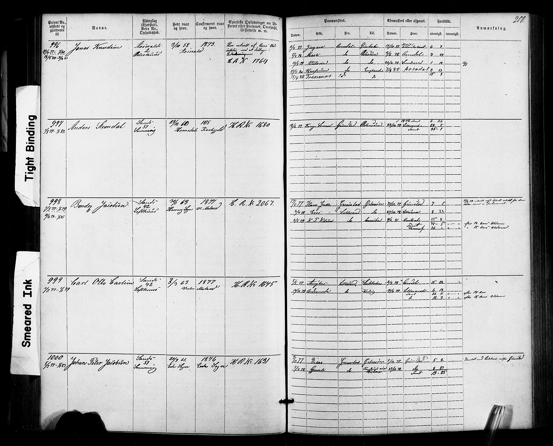 Lillesand mønstringskrets, SAK/2031-0014/F/Fa/L0002: Annotasjonsrulle nr 1-1910 med register, W-8, 1868-1891, p. 206