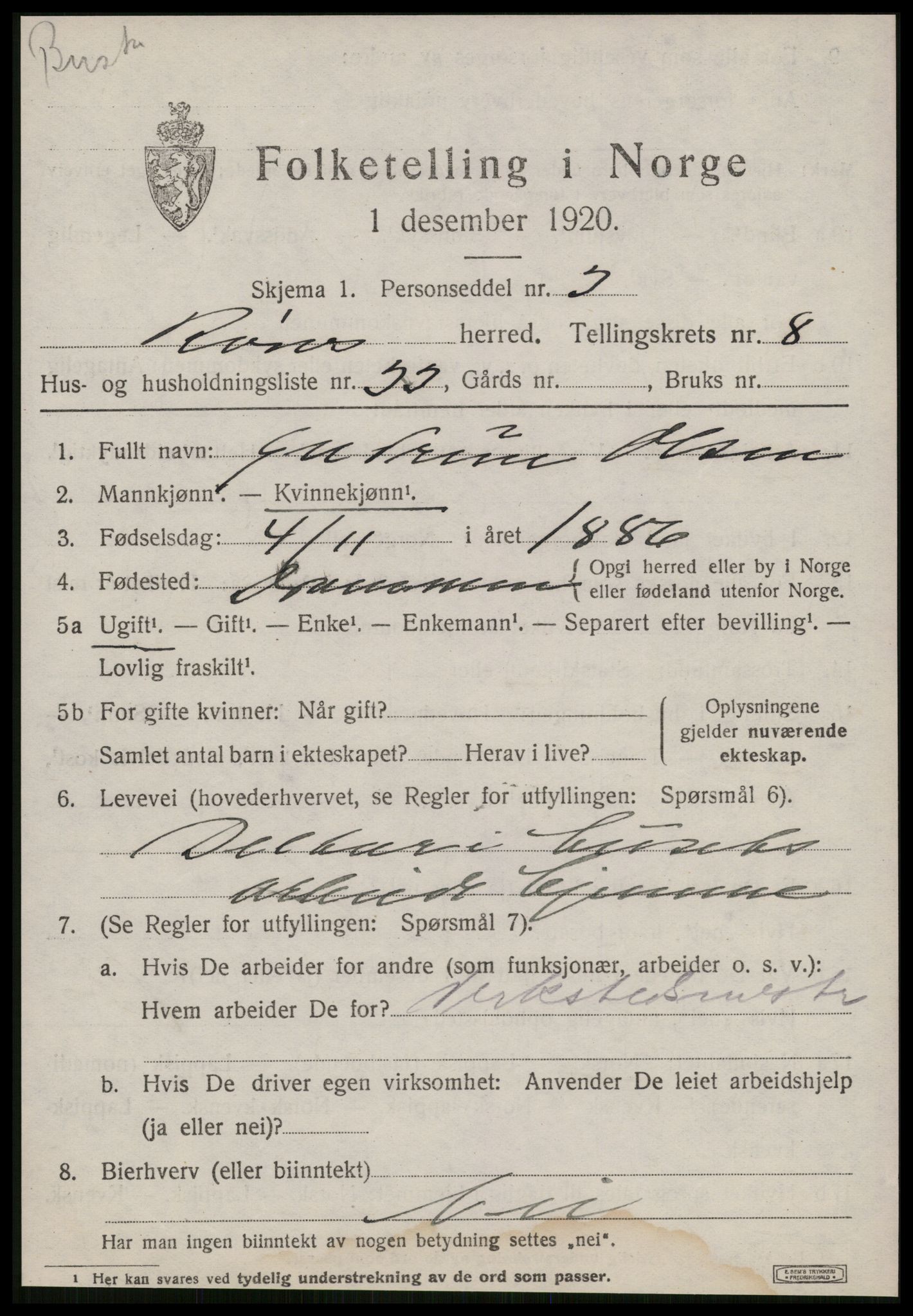 SAT, 1920 census for Røros, 1920, p. 7676