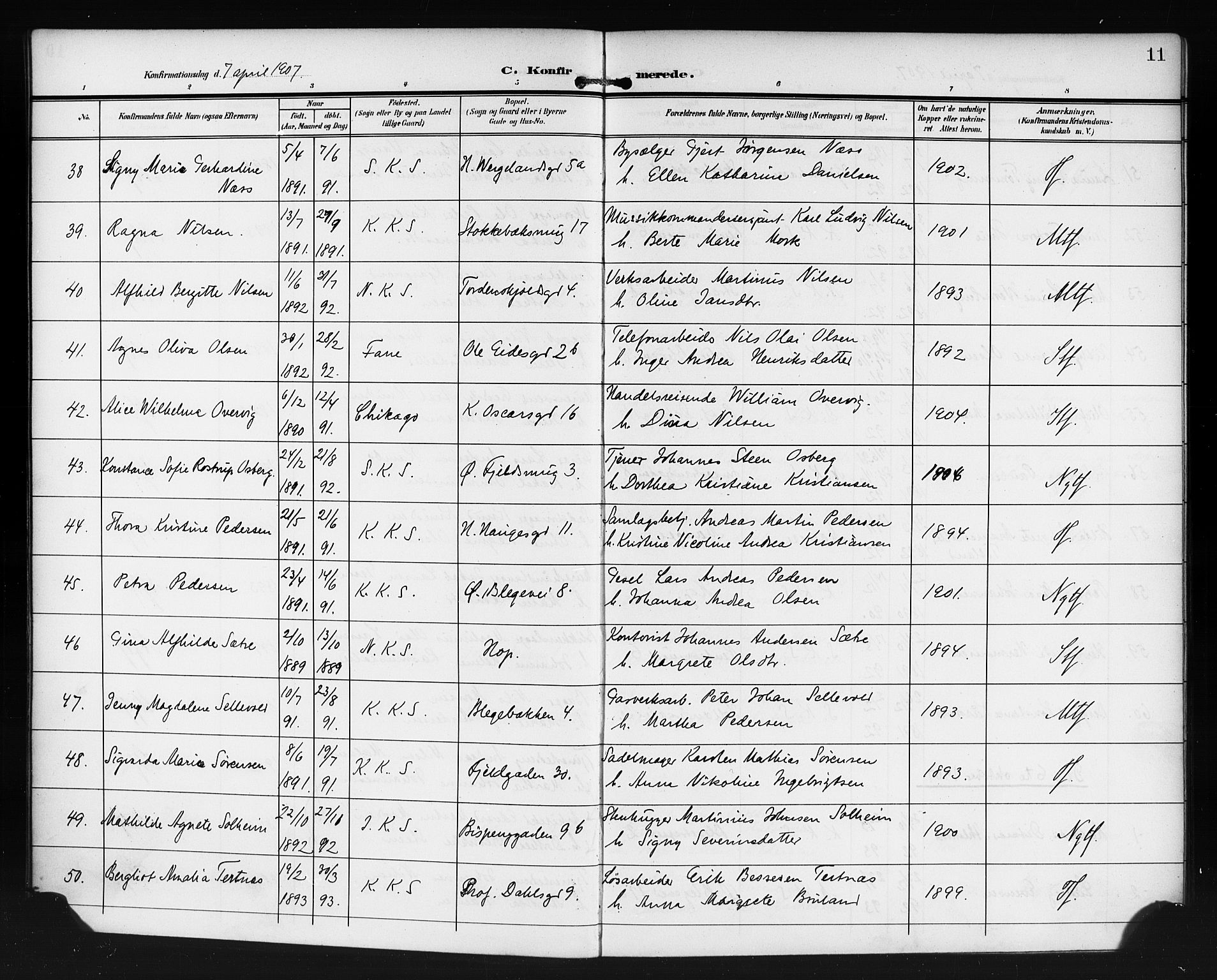 Korskirken sokneprestembete, SAB/A-76101/H/Haa/L0031: Parish register (official) no. C 7, 1907-1921, p. 11