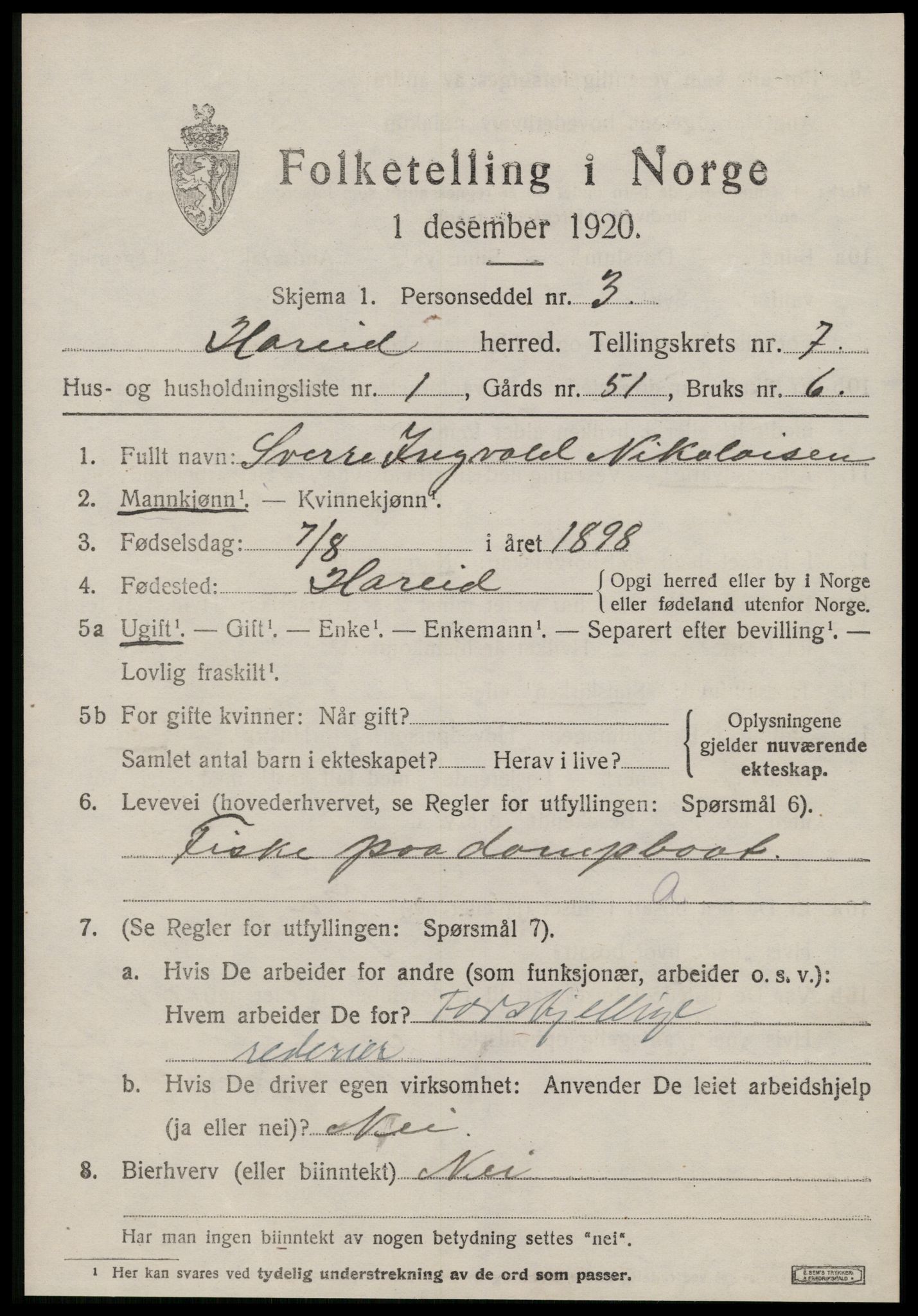 SAT, 1920 census for Hareid, 1920, p. 2497