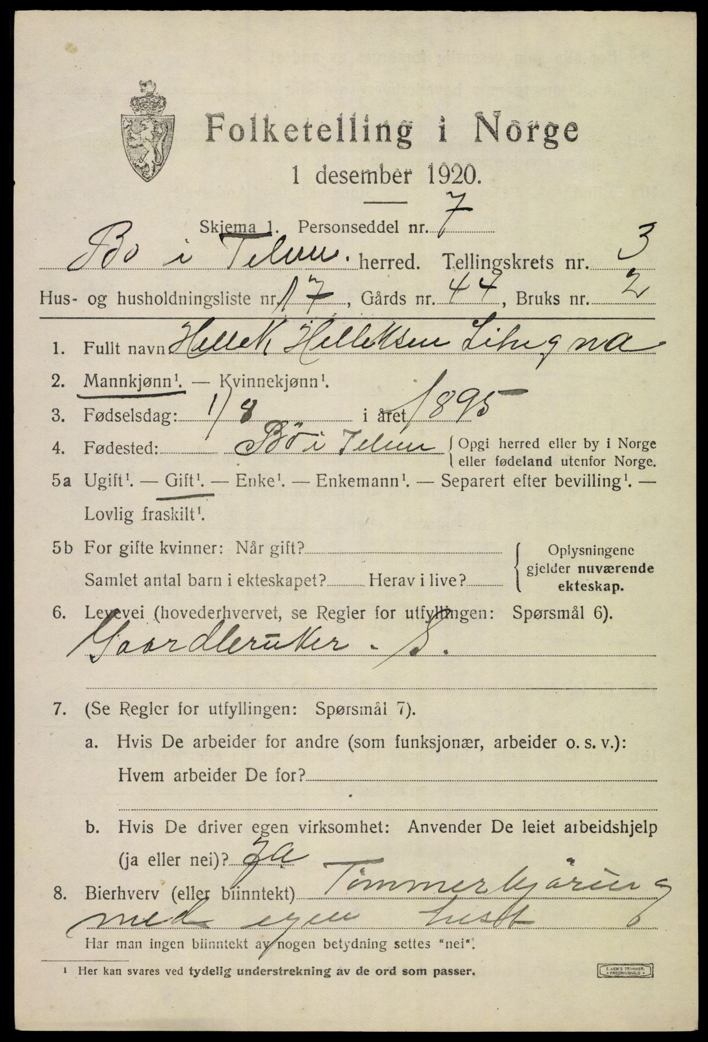 SAKO, 1920 census for Bø (Telemark), 1920, p. 2844