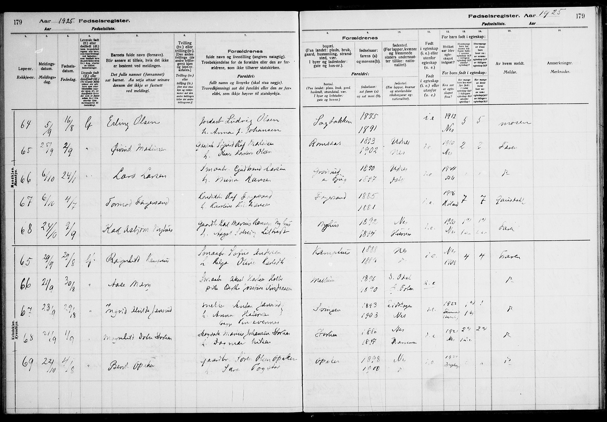 Nes prestekontor Kirkebøker, AV/SAO-A-10410/J/Ja/L0001: Birth register no. 1, 1916-1926, p. 179