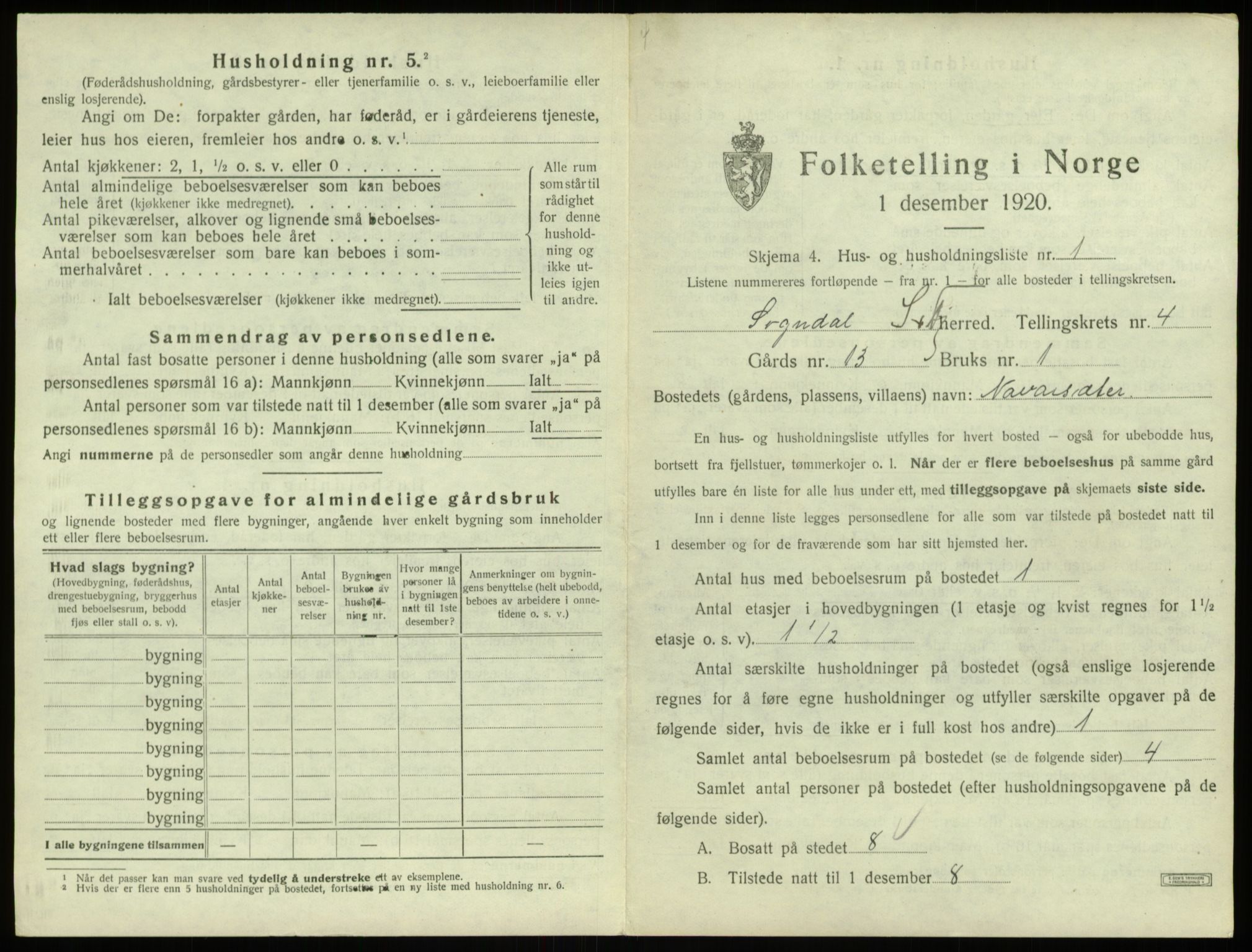 SAB, 1920 census for Sogndal, 1920, p. 226