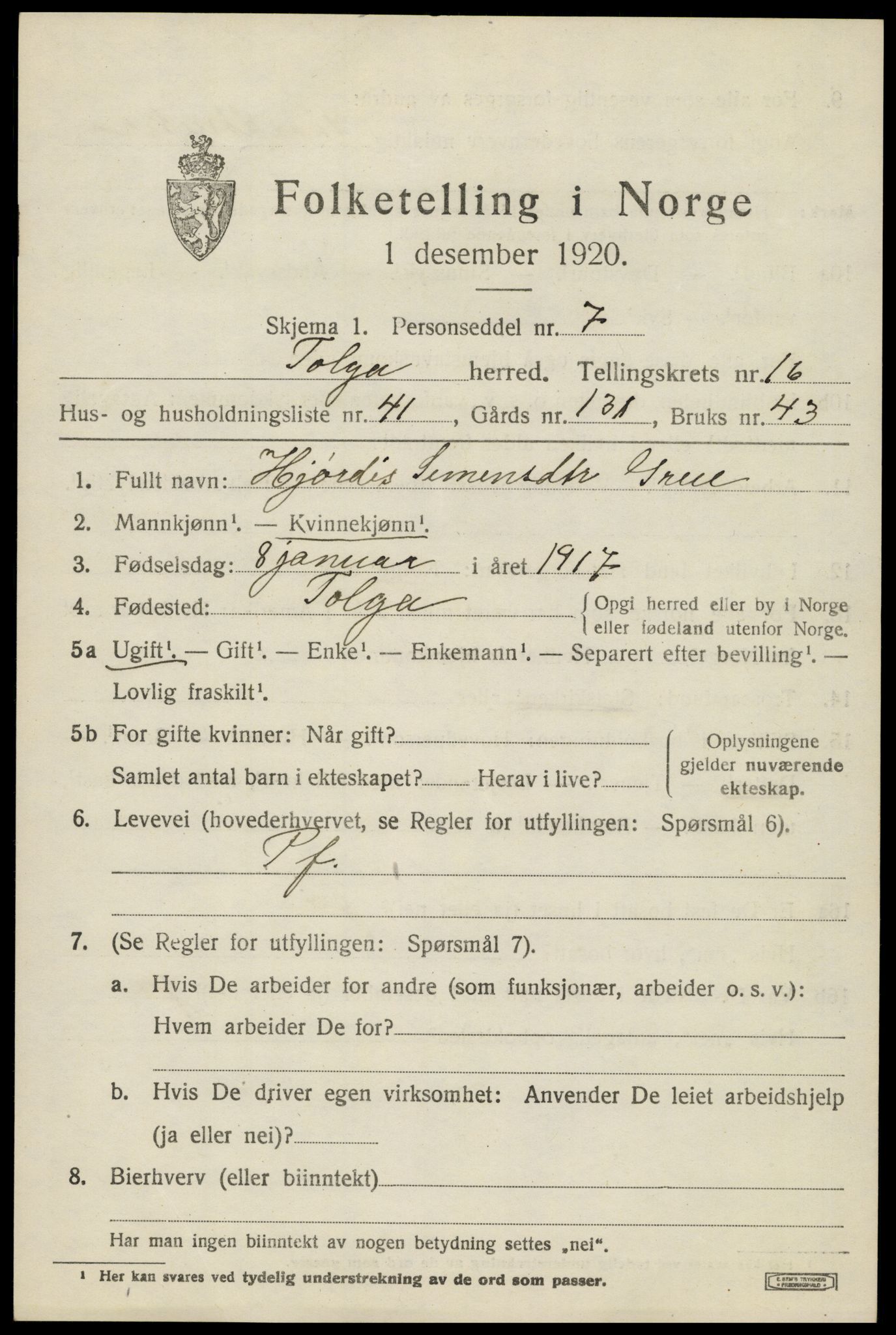 SAH, 1920 census for Tolga, 1920, p. 7809