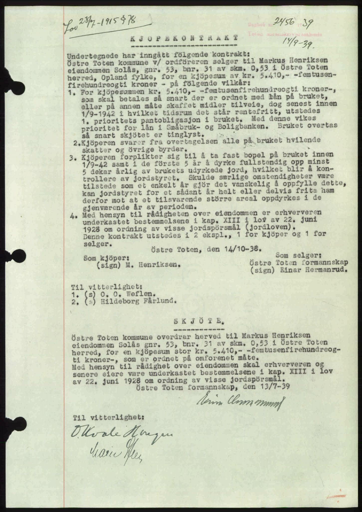 Toten tingrett, SAH/TING-006/H/Hb/Hbc/L0006: Mortgage book no. Hbc-06, 1939-1939, Diary no: : 2456/1939