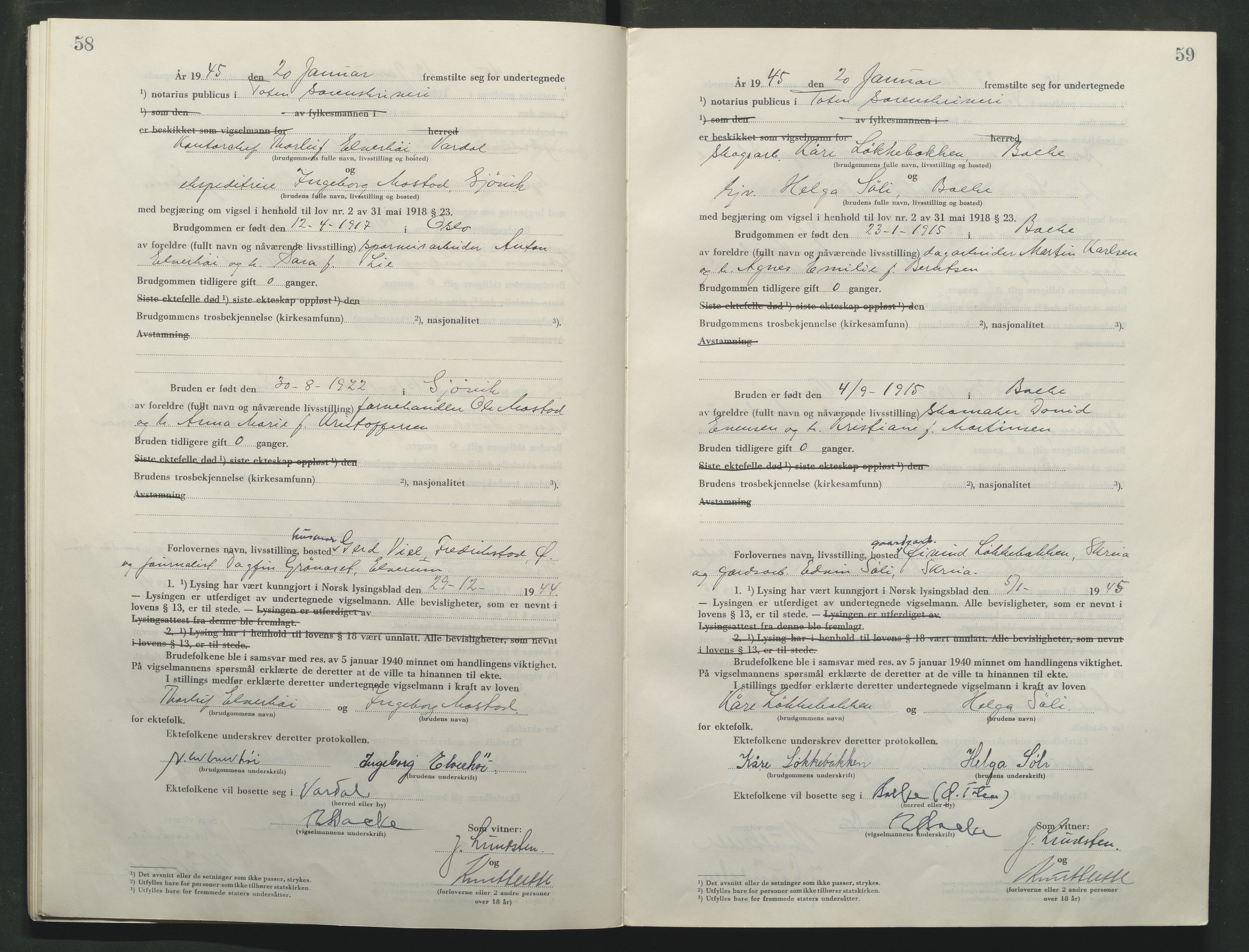 Toten tingrett, AV/SAH-TING-006/L/Lc/L0005: Vigselbok, 1944-1948, p. 58-59