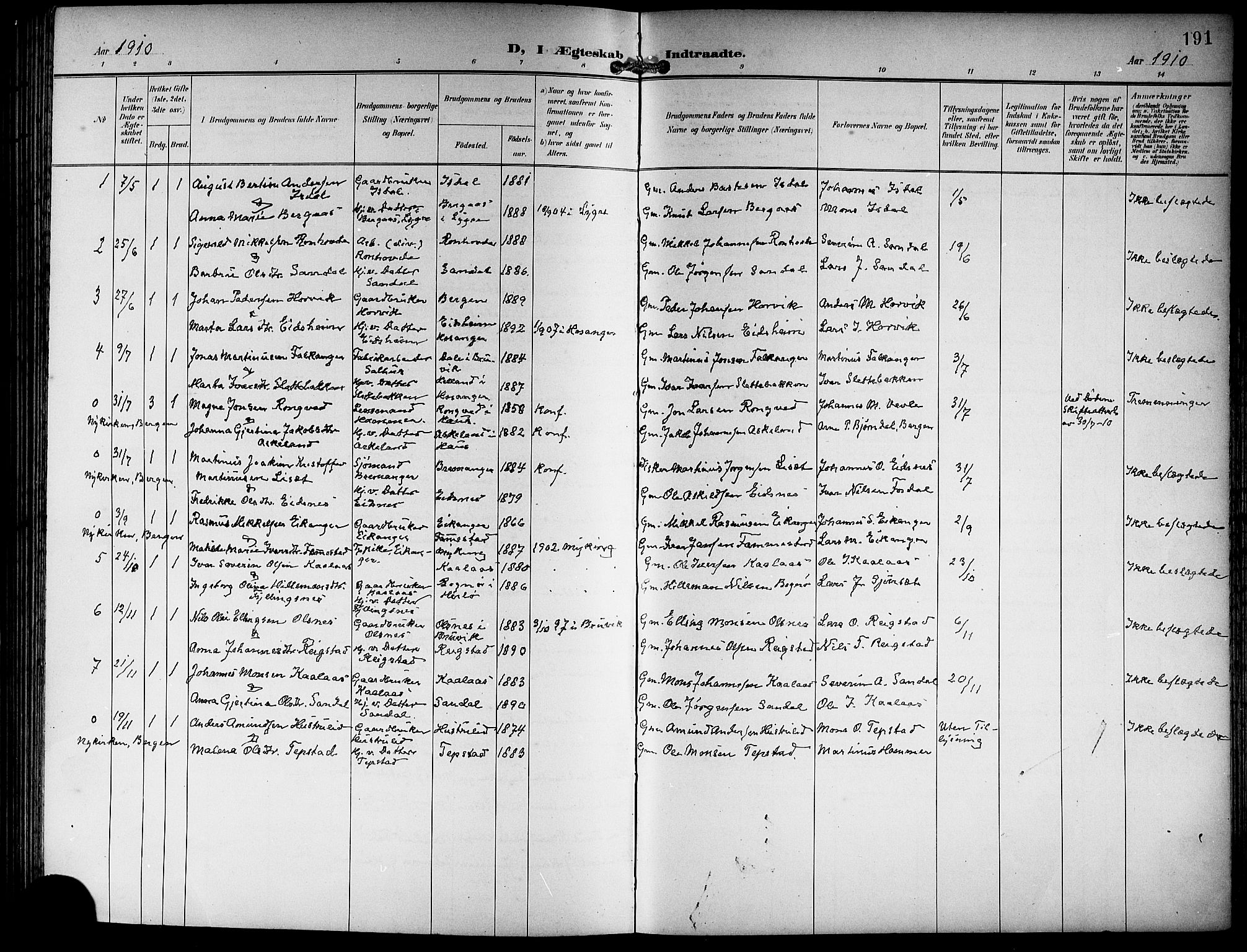 Hamre sokneprestembete, SAB/A-75501/H/Ha/Hab: Parish register (copy) no. B 4, 1898-1919, p. 191