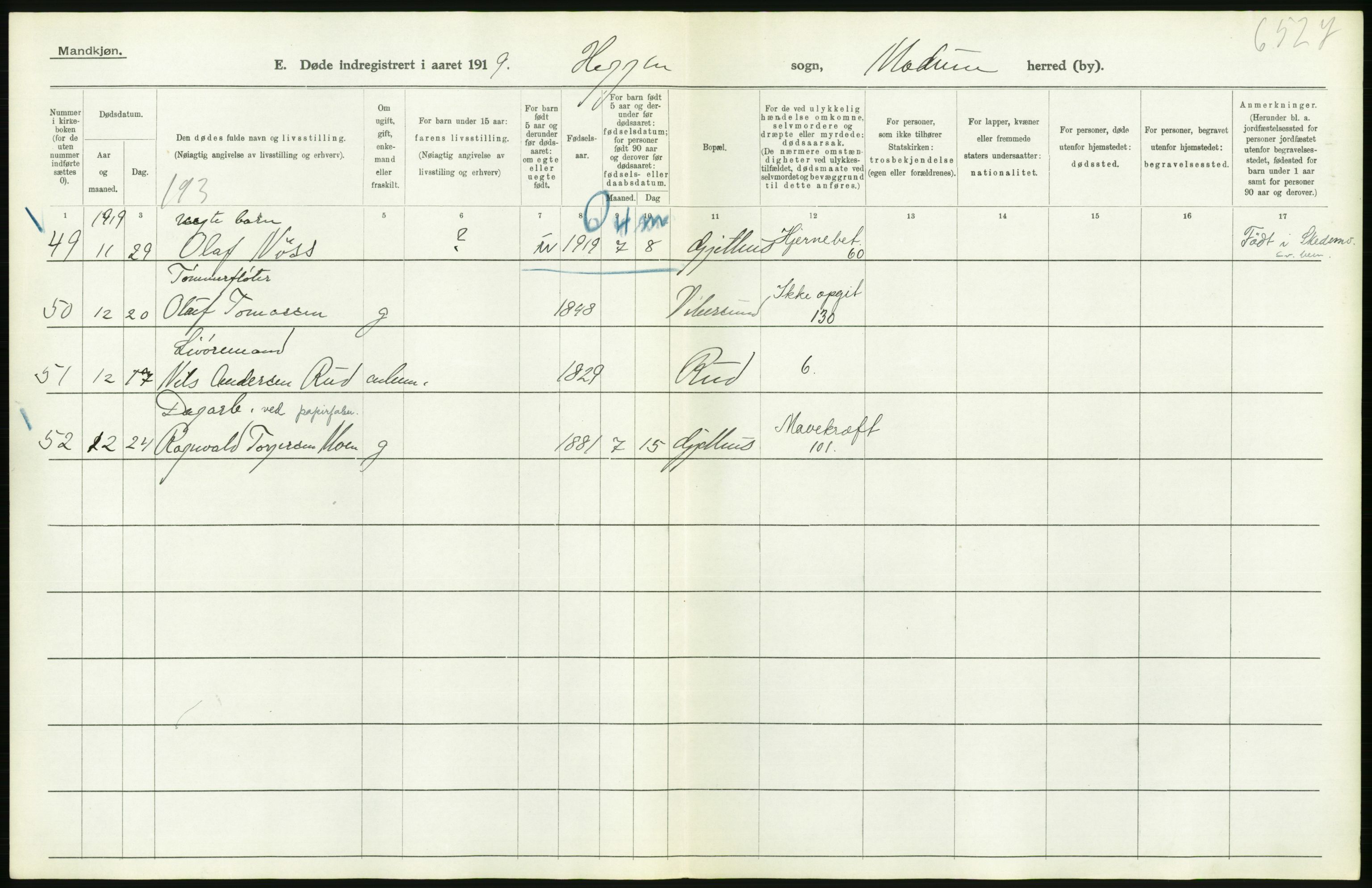 Statistisk sentralbyrå, Sosiodemografiske emner, Befolkning, AV/RA-S-2228/D/Df/Dfb/Dfbi/L0018: Buskerud fylke: Døde. Bygder og byer., 1919, p. 252