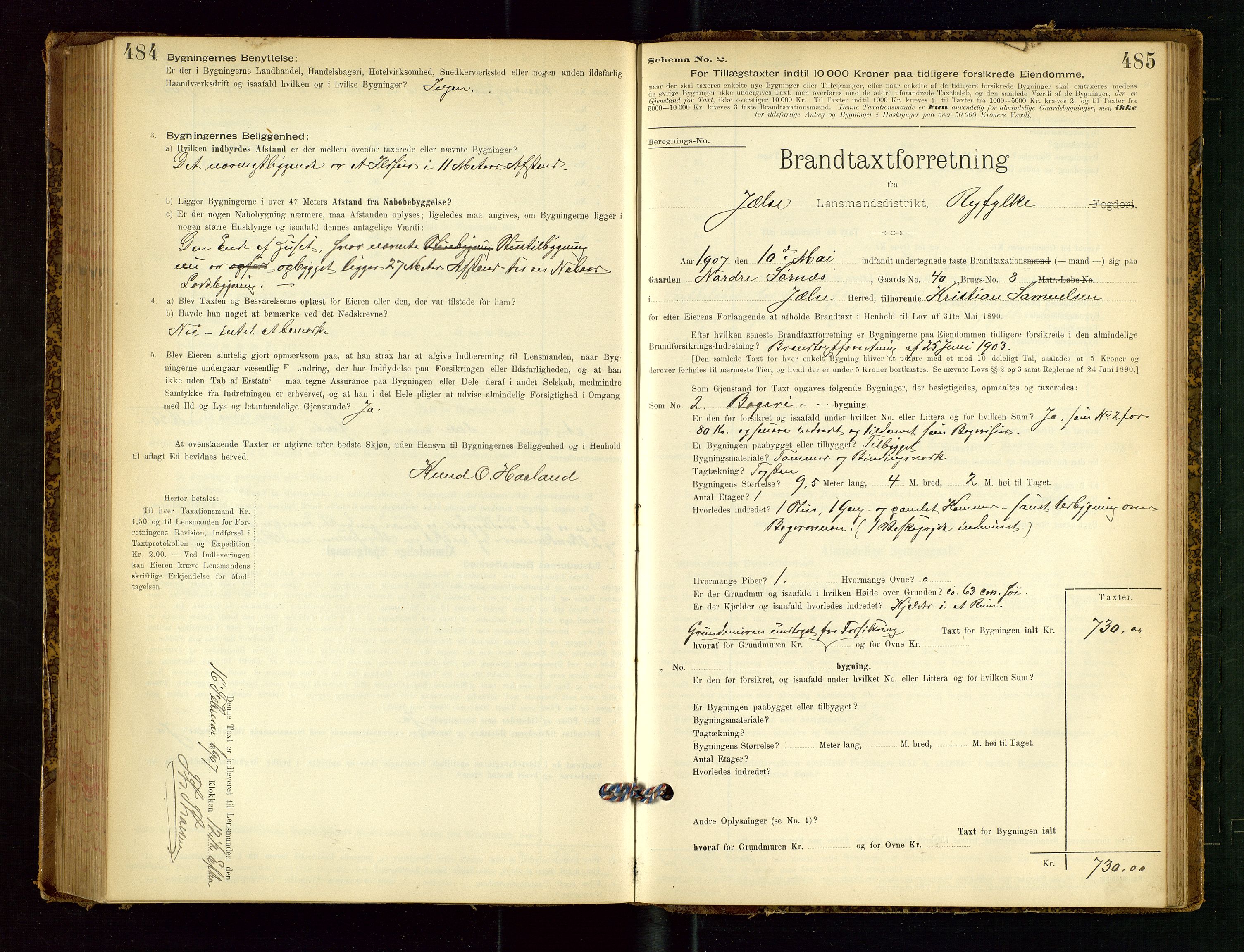 Jelsa lensmannskontor, SAST/A-100360/Gob/L0001: "Brandtaxationsprotocol", 1895-1918, p. 484-485