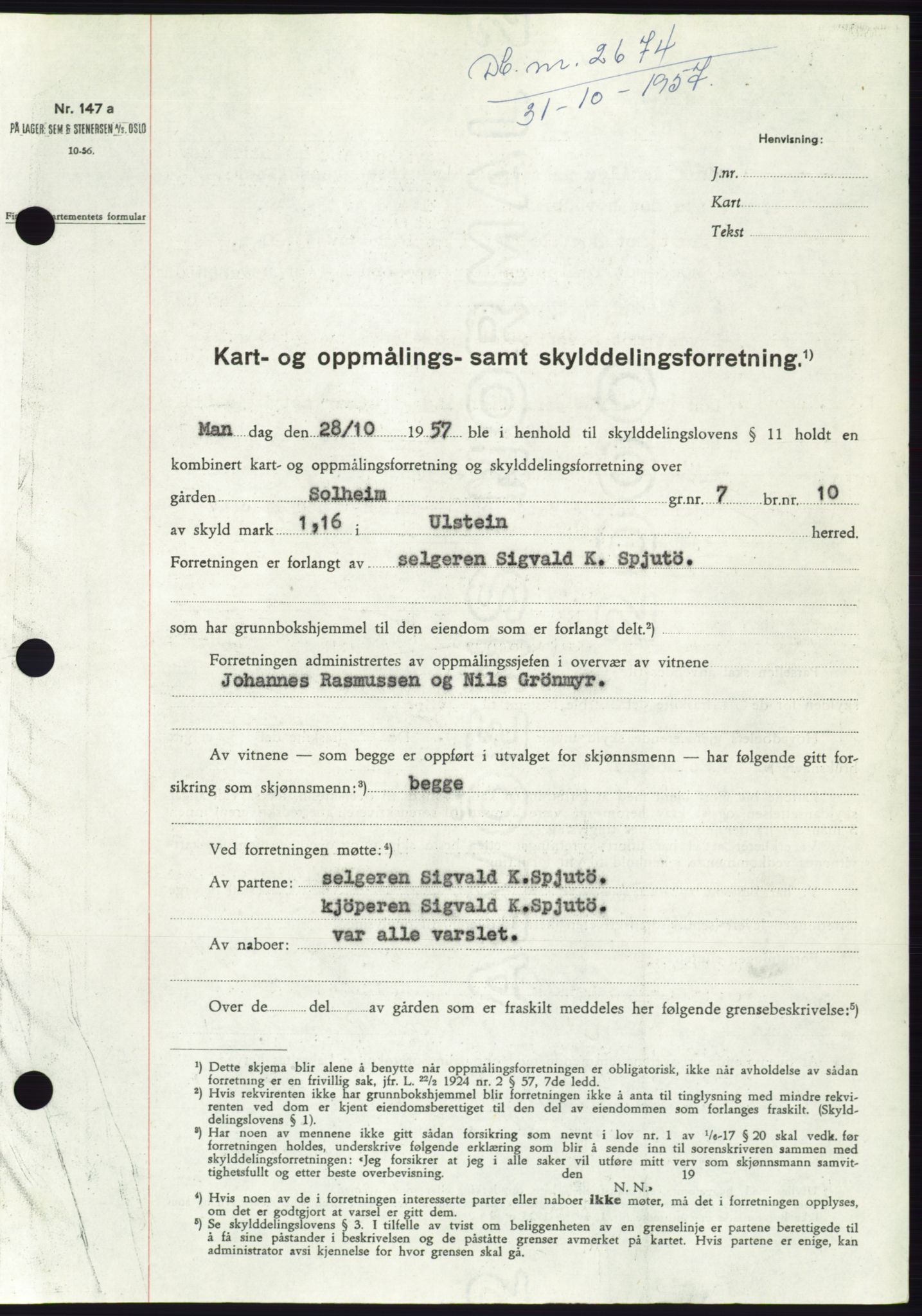 Søre Sunnmøre sorenskriveri, AV/SAT-A-4122/1/2/2C/L0108: Mortgage book no. 34A, 1957-1958, Diary no: : 2674/1957