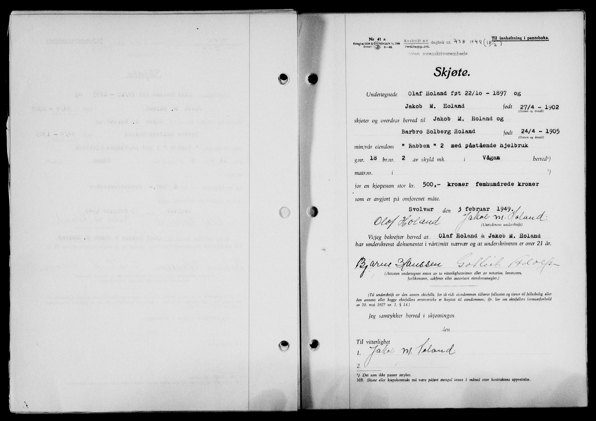 Lofoten sorenskriveri, SAT/A-0017/1/2/2C/L0020a: Mortgage book no. 20a, 1948-1949, Diary no: : 438/1949