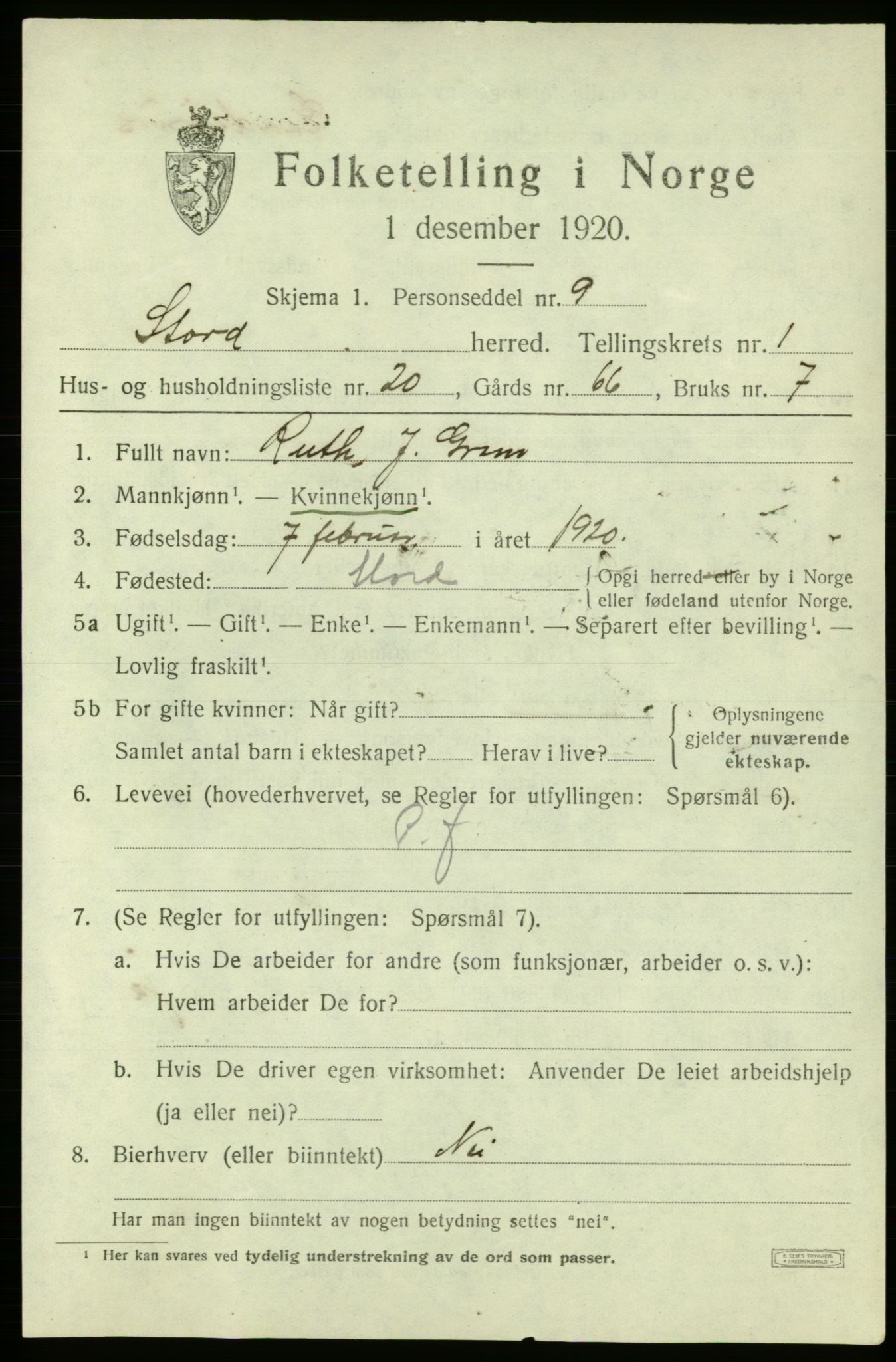 SAB, 1920 census for Stord, 1920, p. 1481