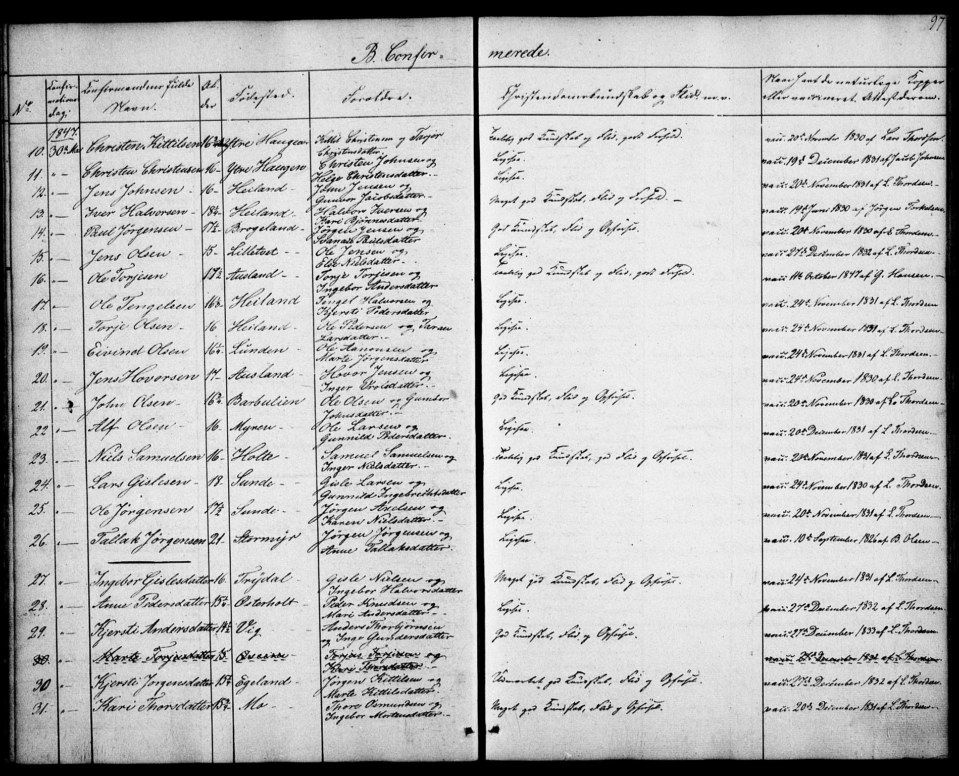Gjerstad sokneprestkontor, AV/SAK-1111-0014/F/Fa/Faa/L0006: Parish register (official) no. A 6, 1841-1857, p. 97